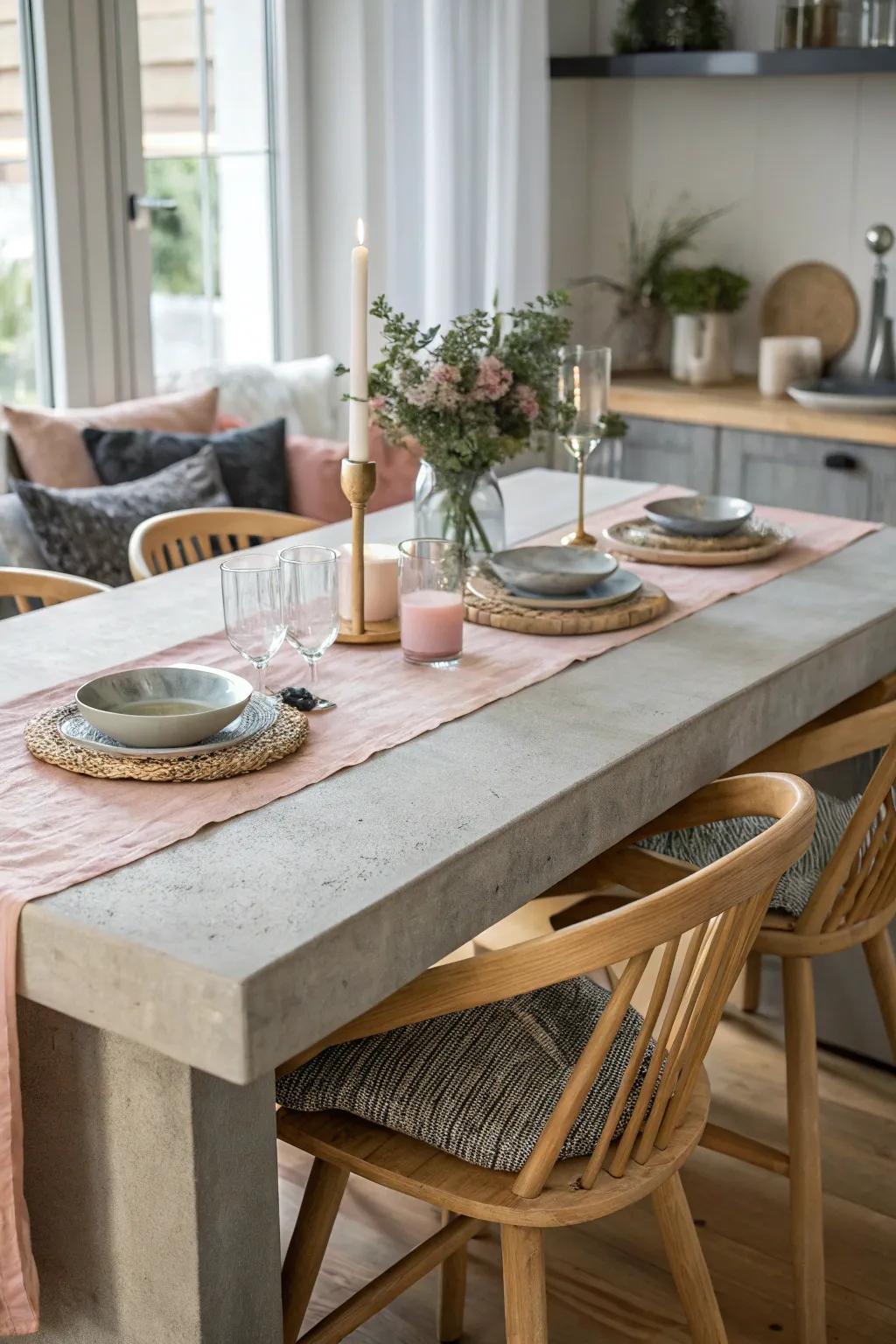 Achieve industrial chic with a concrete table top that adds a modern twist.