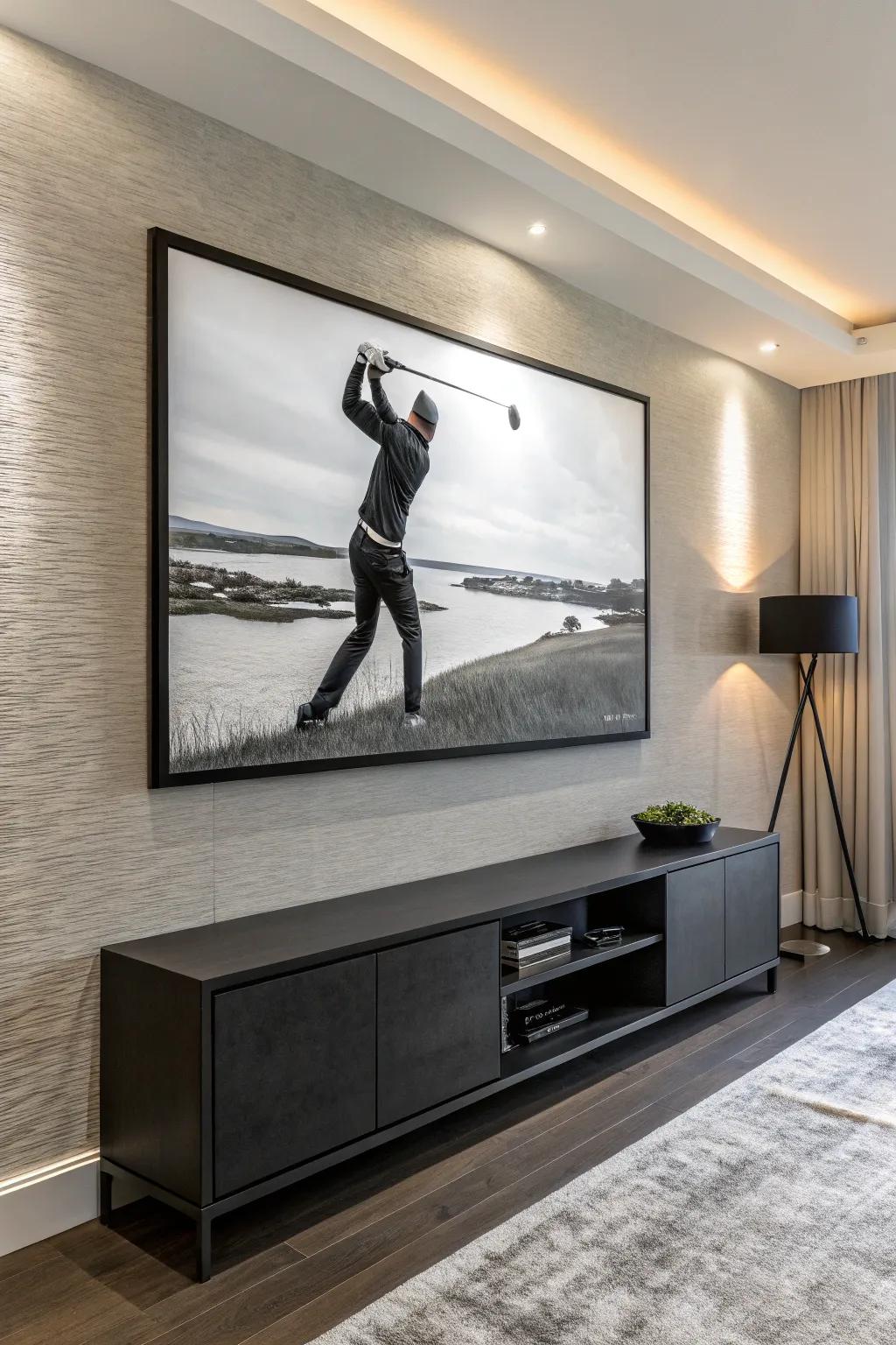 Monochrome golf art offers a chic, modern vibe.