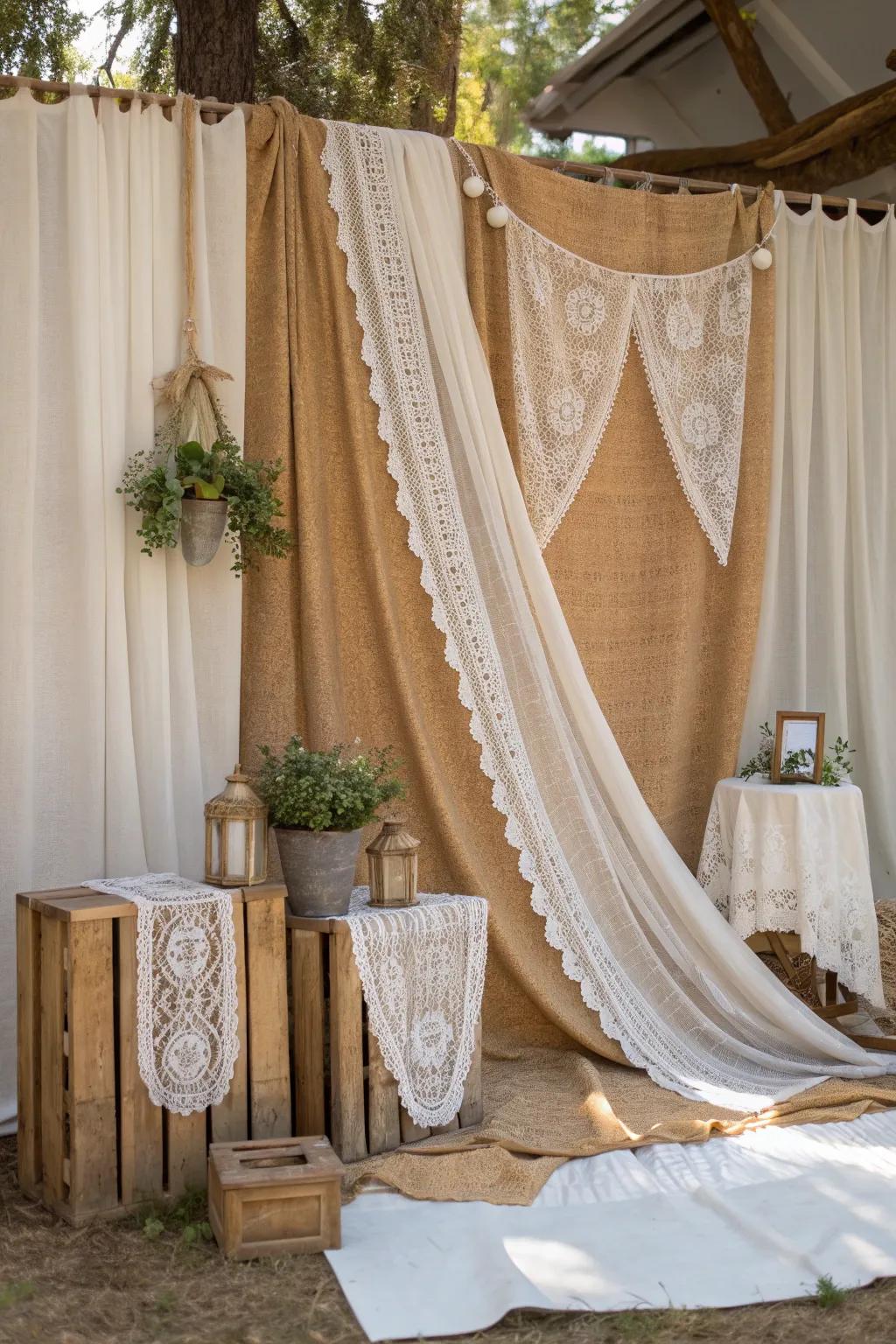 Add depth and texture to your space with a layered fabric backdrop that combines different materials.