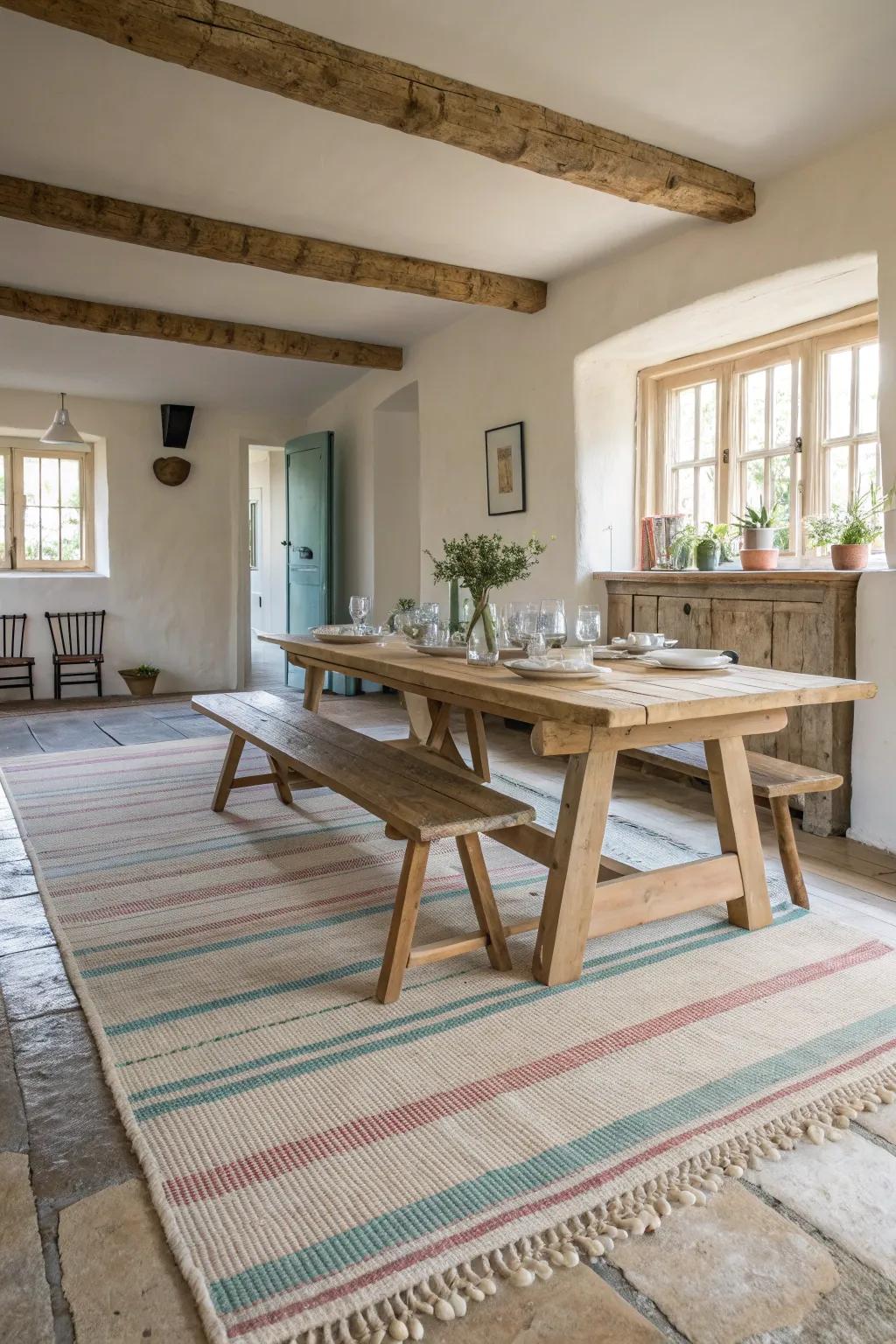 Classic stripes add timeless style to your dining room, beautifully bridging modern and rustic elements. 🏠 #ClassicStripes #FarmhouseDecor