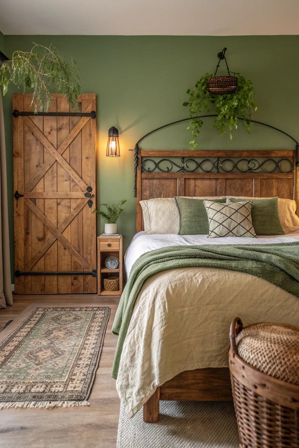 Rustic charm brings warmth and character to your green-toned sanctuary. 🌲🏡 #RusticDecor #BedroomCharm
