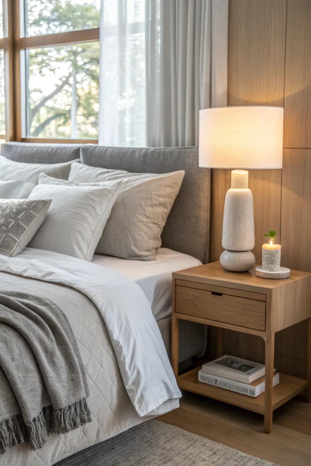Elegant lighting enhances the serene beauty of your bedding space. 💡 #LightingDesign #CozyAmbiance