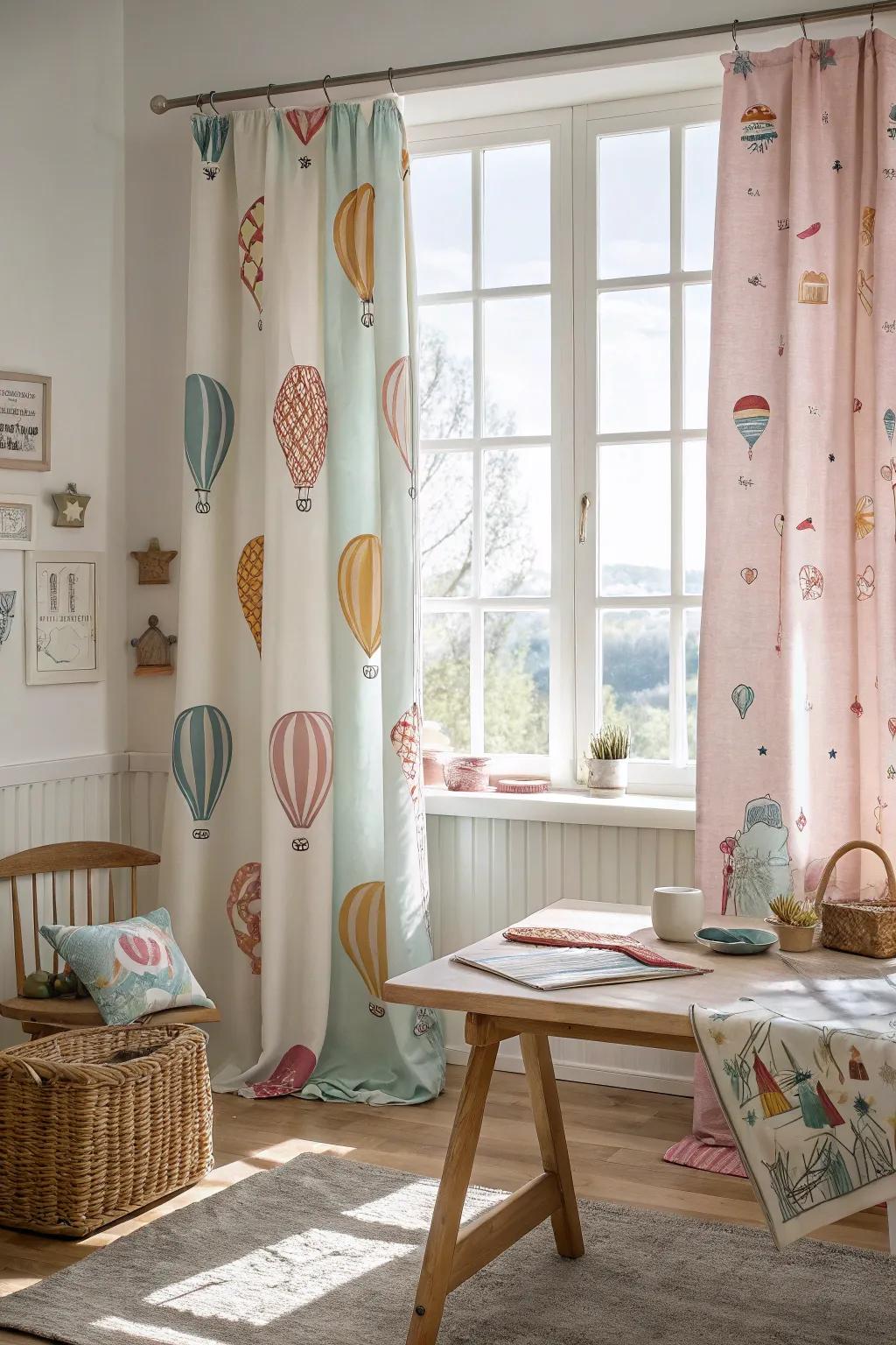 🎨 Bring warmth and color to your classroom with whimsical balloon-patterned curtains. #ClassroomStyle #DecorInspiration