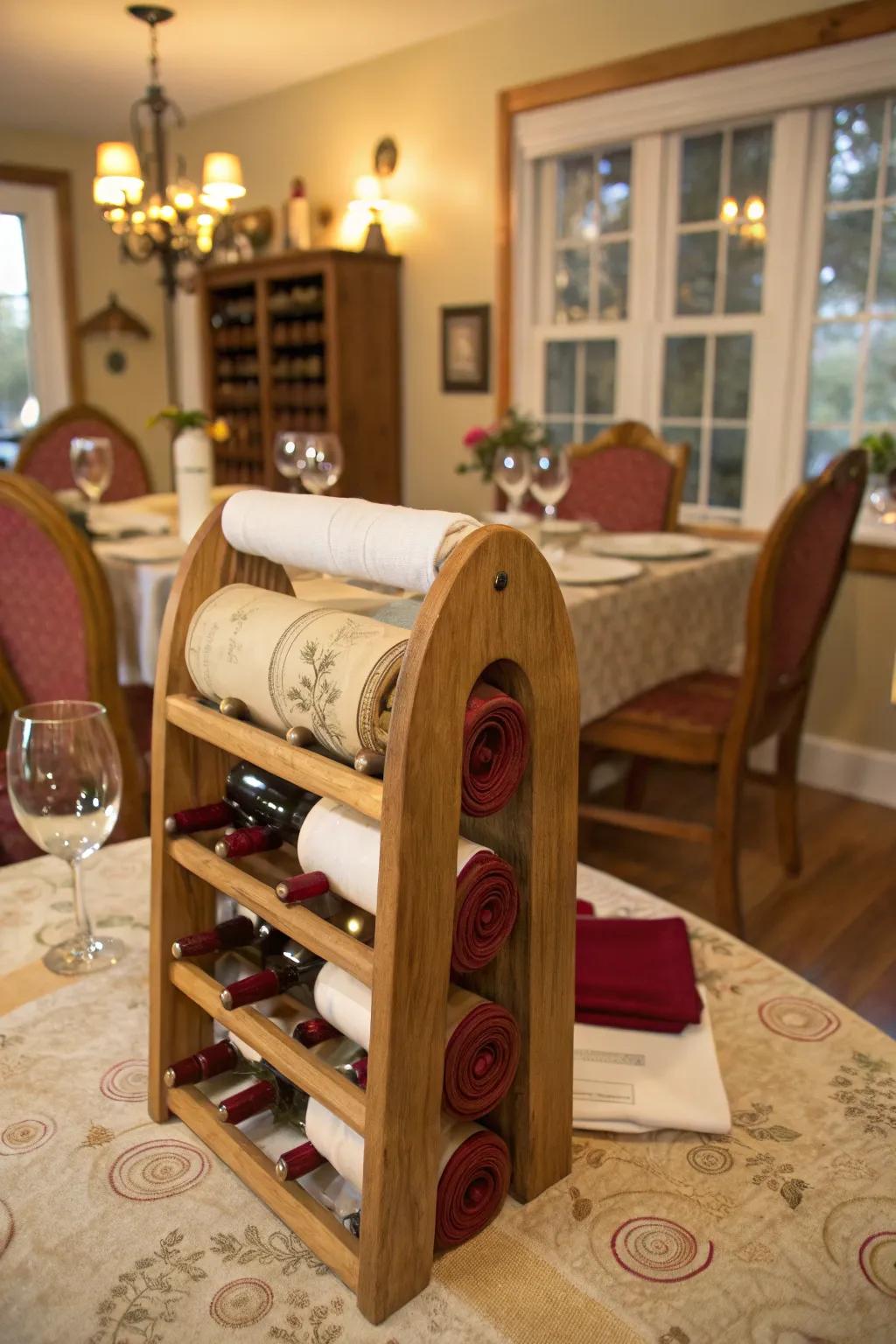Add an unexpected twist with a repurposed wine rack for storing napkins 🍷 #Repurposed #DiningRoomDecor #CleverStorage
