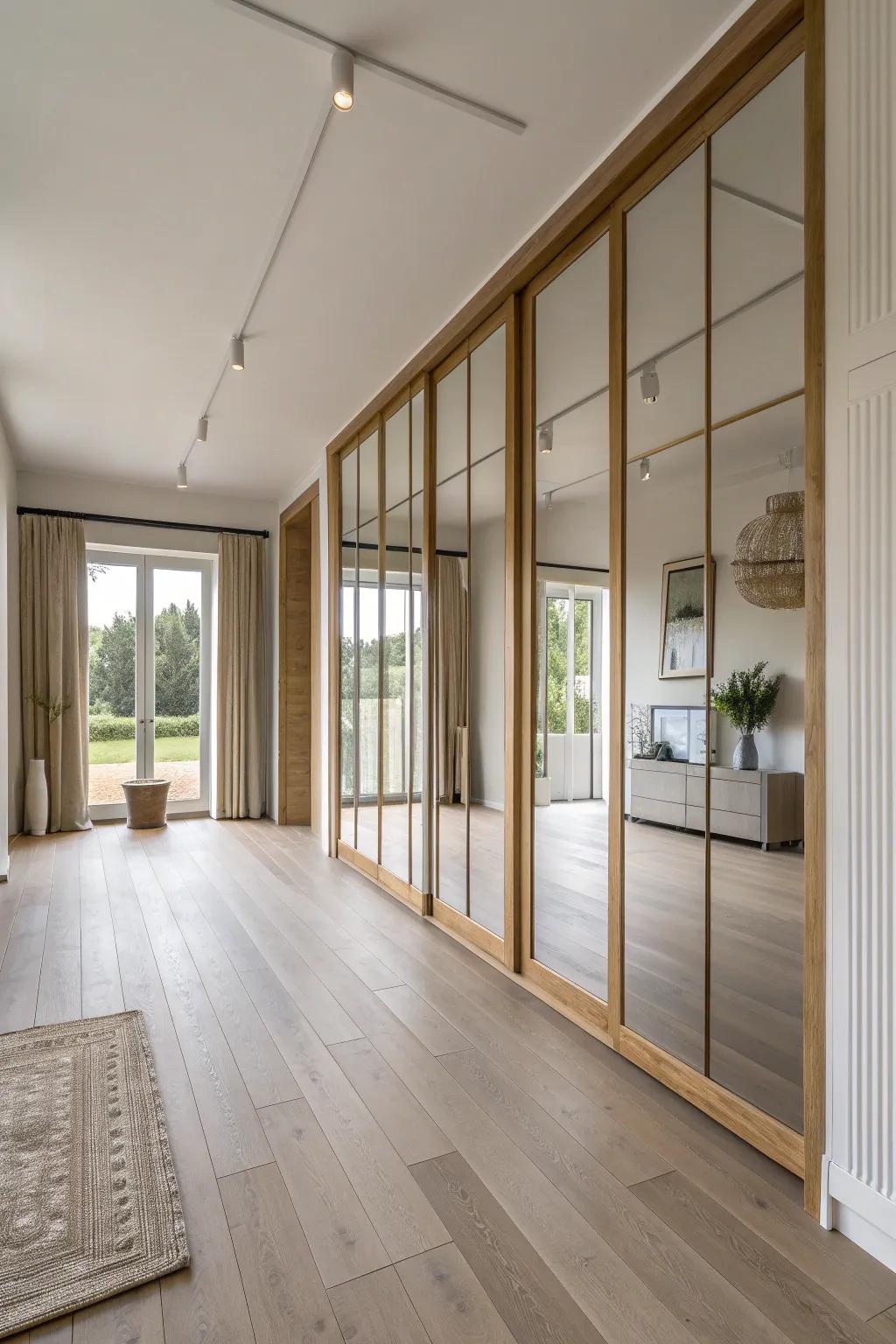 Enhance space and light with mirrored wall panels that open up your home. 🌟 #InteriorDesign #MirroredWalls #SpaceHacks