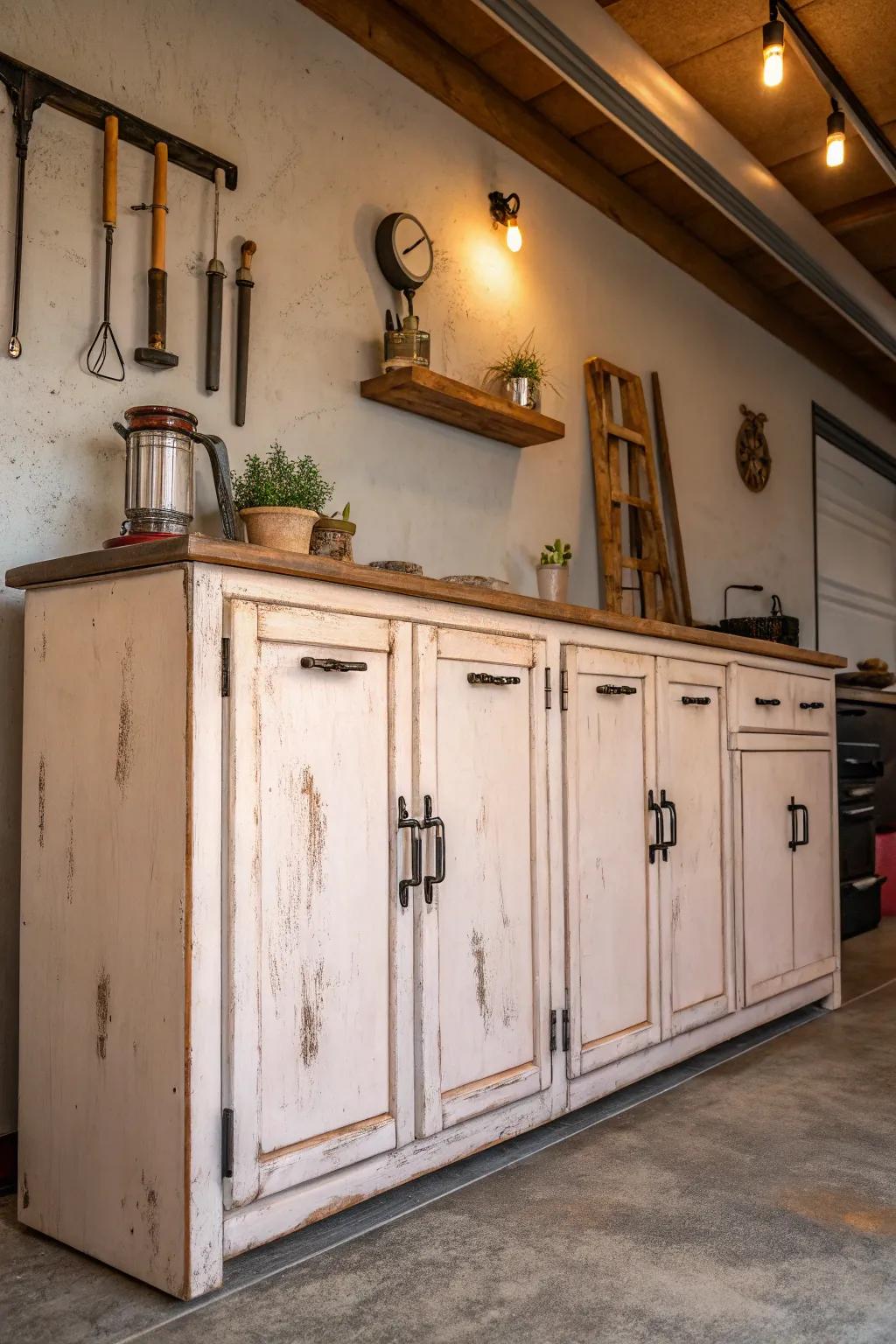 Infuse your garage with vintage charm using stylish old-world cabinets. ✨ #VintageVibes #GarageMakeover