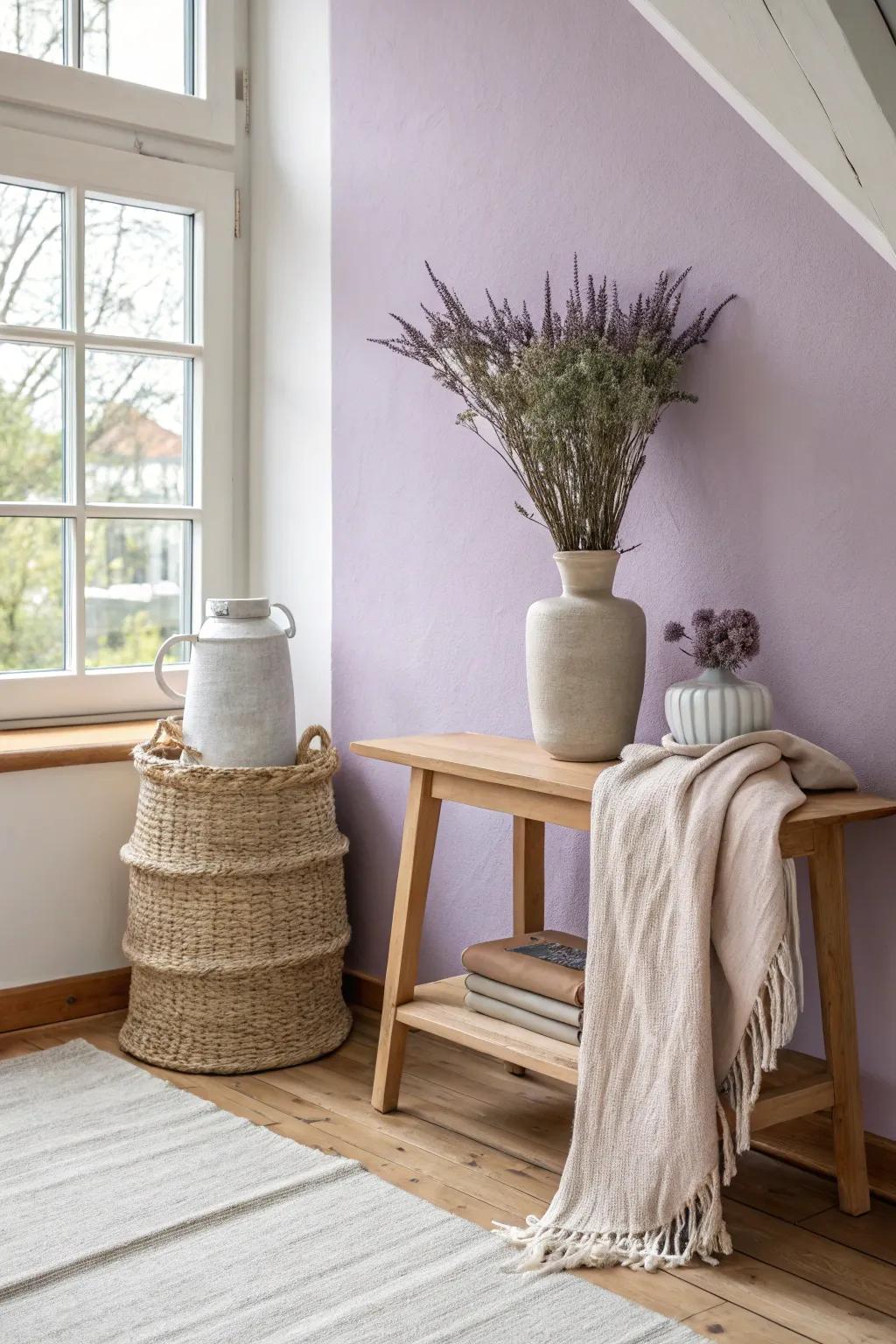 Lavender hues offer a soothing, romantic atmosphere in loft spaces. 💜 #LavenderLove #CozySpaces