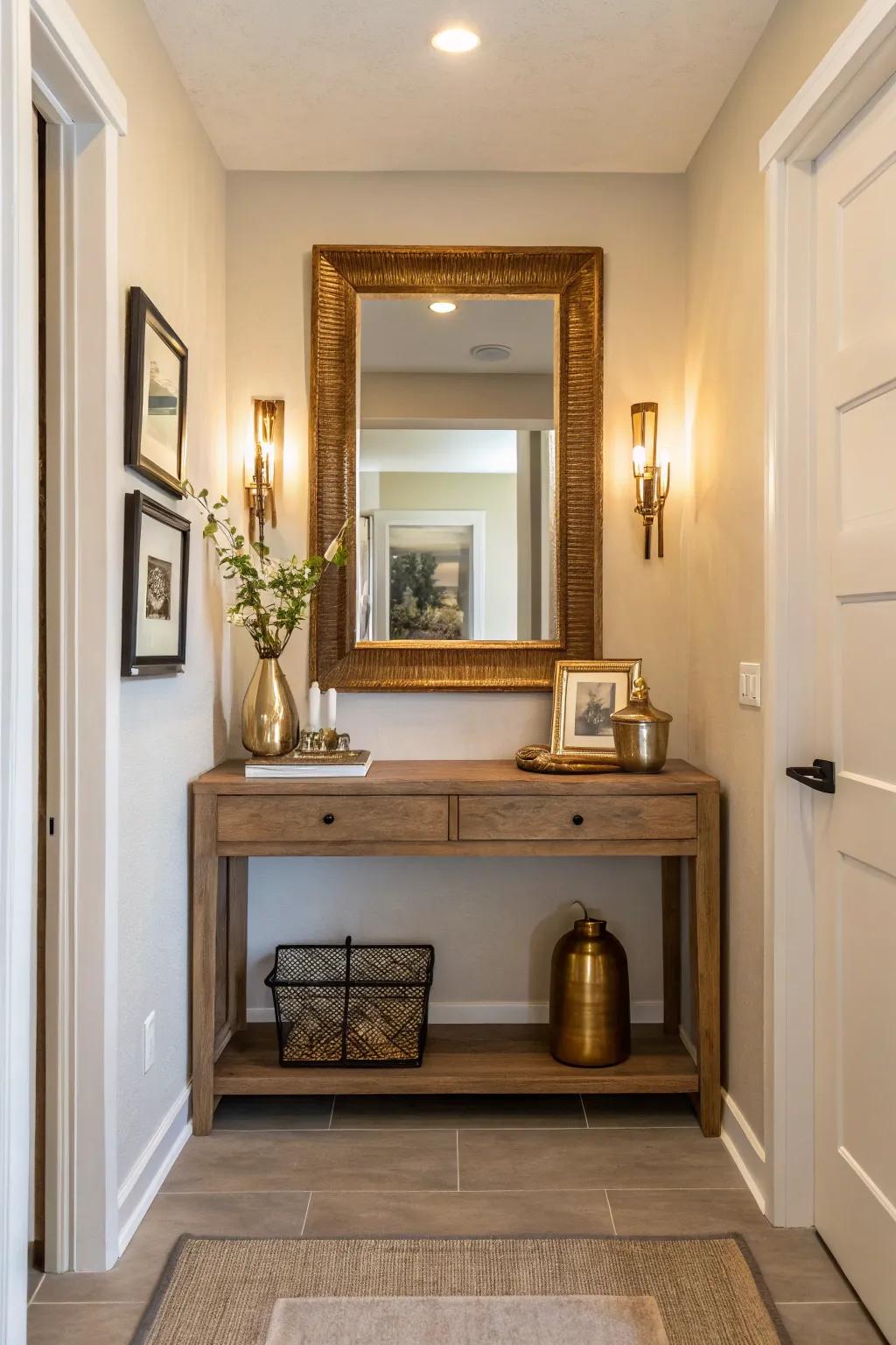 Float your way to a clutter-free entryway with a floating table that doubles as a stylish storage solution. #SmallSpaceLiving #DesignInspo