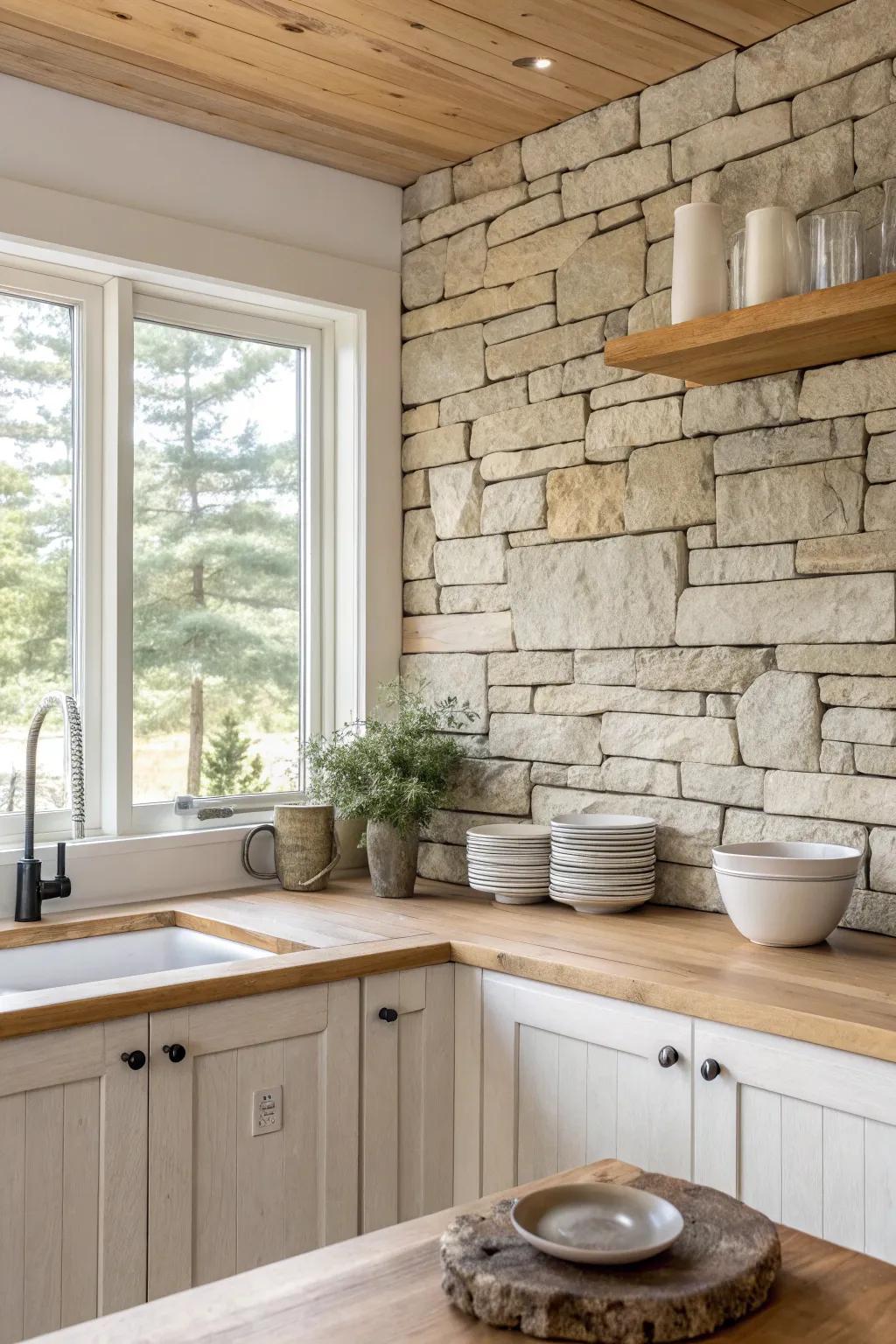 Stacked stone tiles offer a rich, textured look that enhances any kitchen's aesthetic.