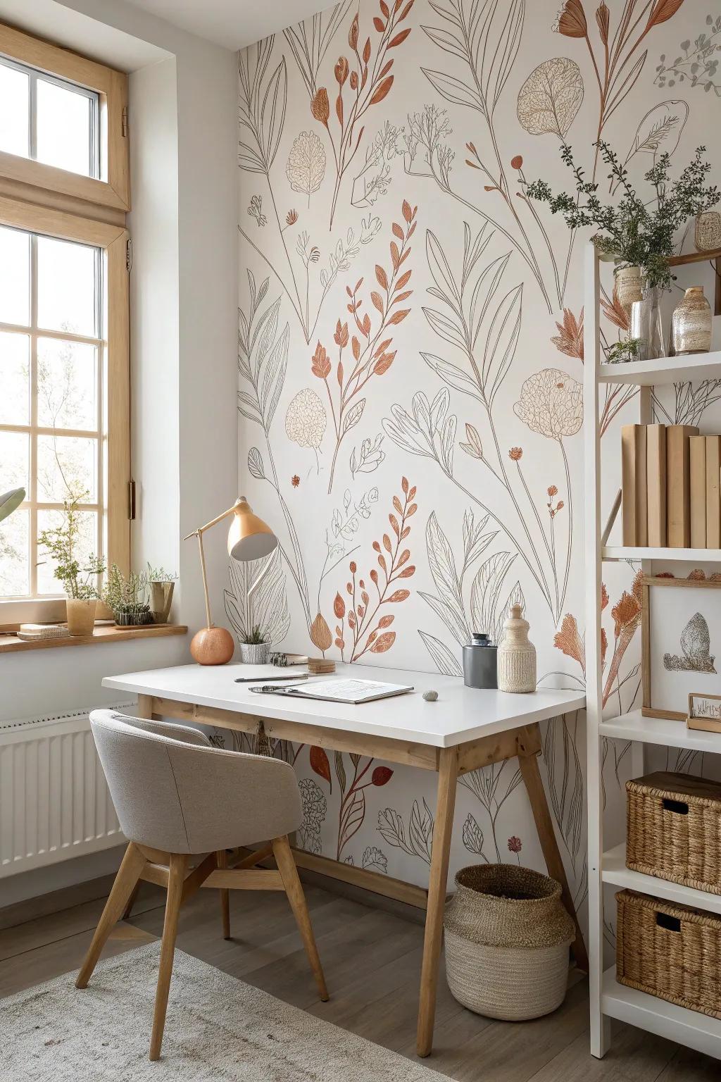 Make a statement with bold accent wallpaper that breathes life into your workspace. 🎨 #WallpaperGoals #OfficeStyle