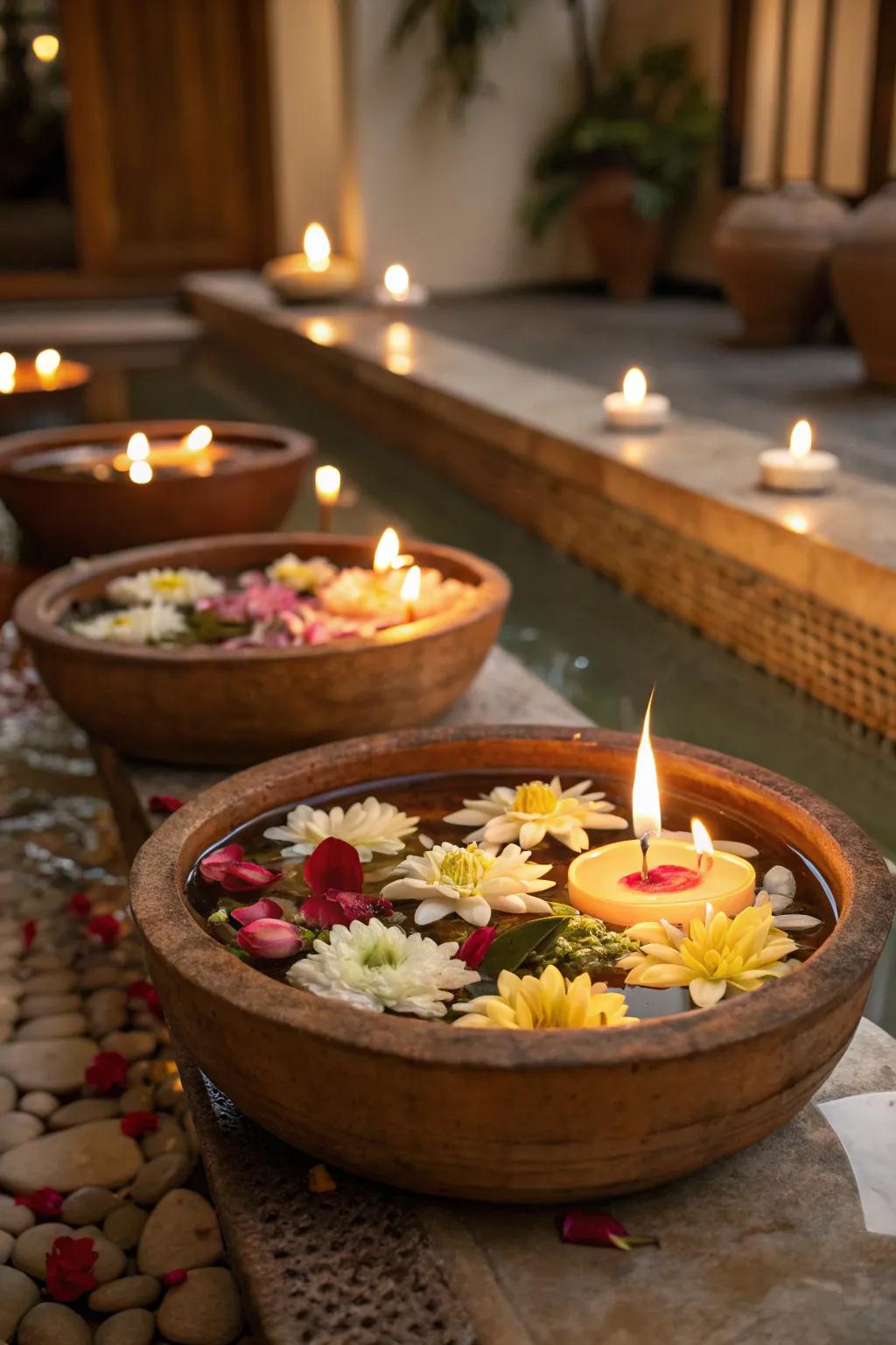 Floating diyas cast a warm, serene glow that's perfect for Onam evenings. 🌺 #SereneDecor #OnamLights