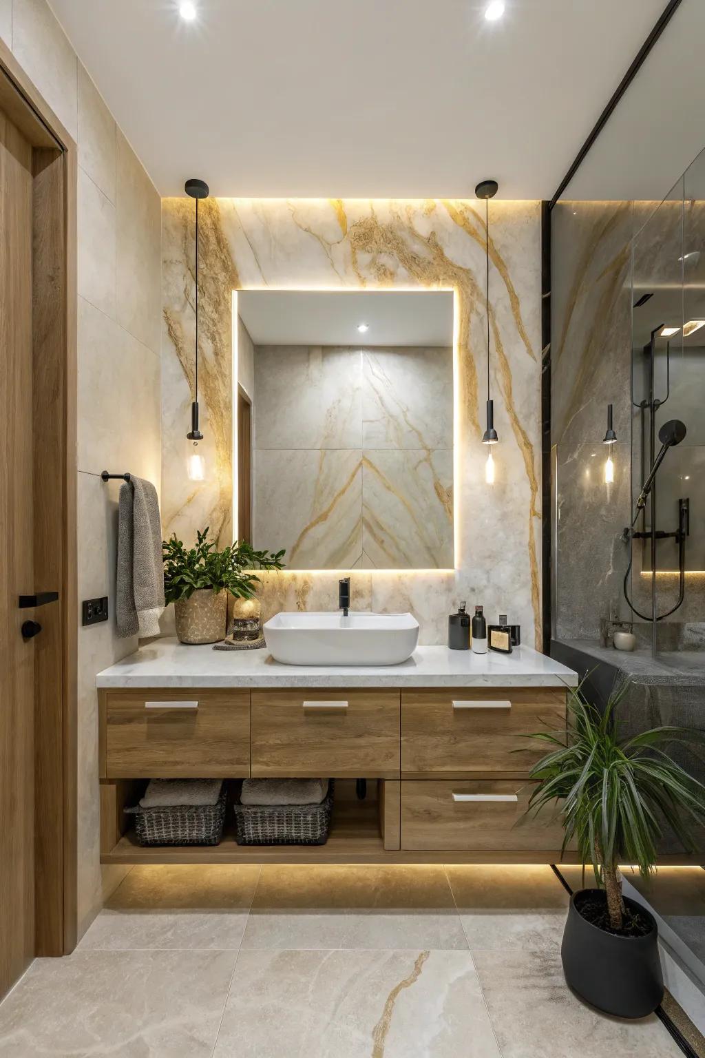 Discover the allure of combining onyx with metal for a chic and modern bathroom design. 💎✨ #ModernDesign #OnyxMetal