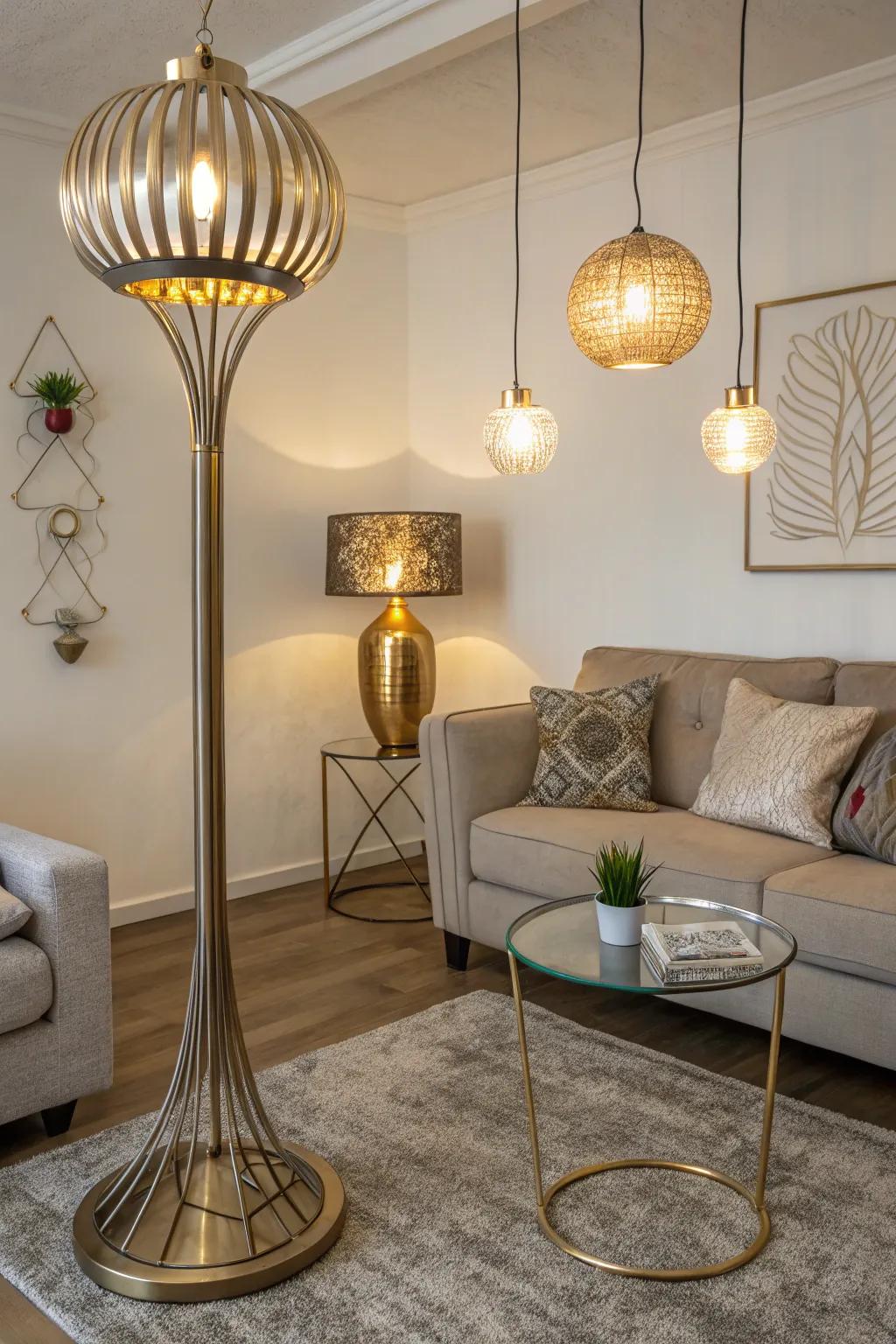 Create visual interest by playing with proportions, balancing large and small elements. 🎨 #ProportionPlay #InteriorDesign #LightingIdeas