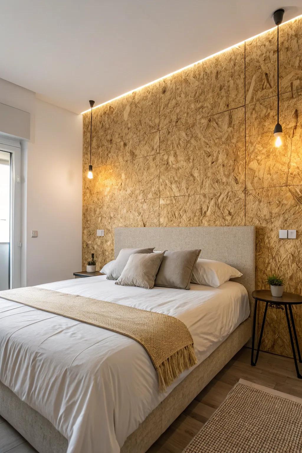 A minimalist OSB board headboard creates a striking statement in serene bedrooms.