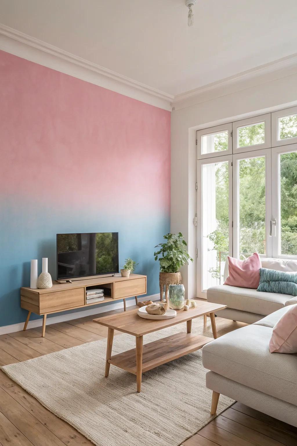 An ombre wall adds a dynamic and artistic touch to your living room. #OmbreEffect #DynamicDesign