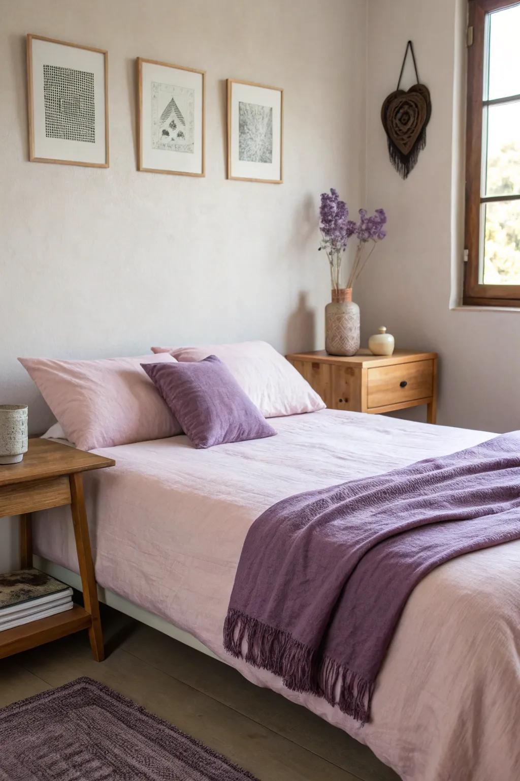 💜 Dusty rose and amethyst offer timeless charm with cozy layers. #TimelessDesign #BedroomCharm #CozyVibes