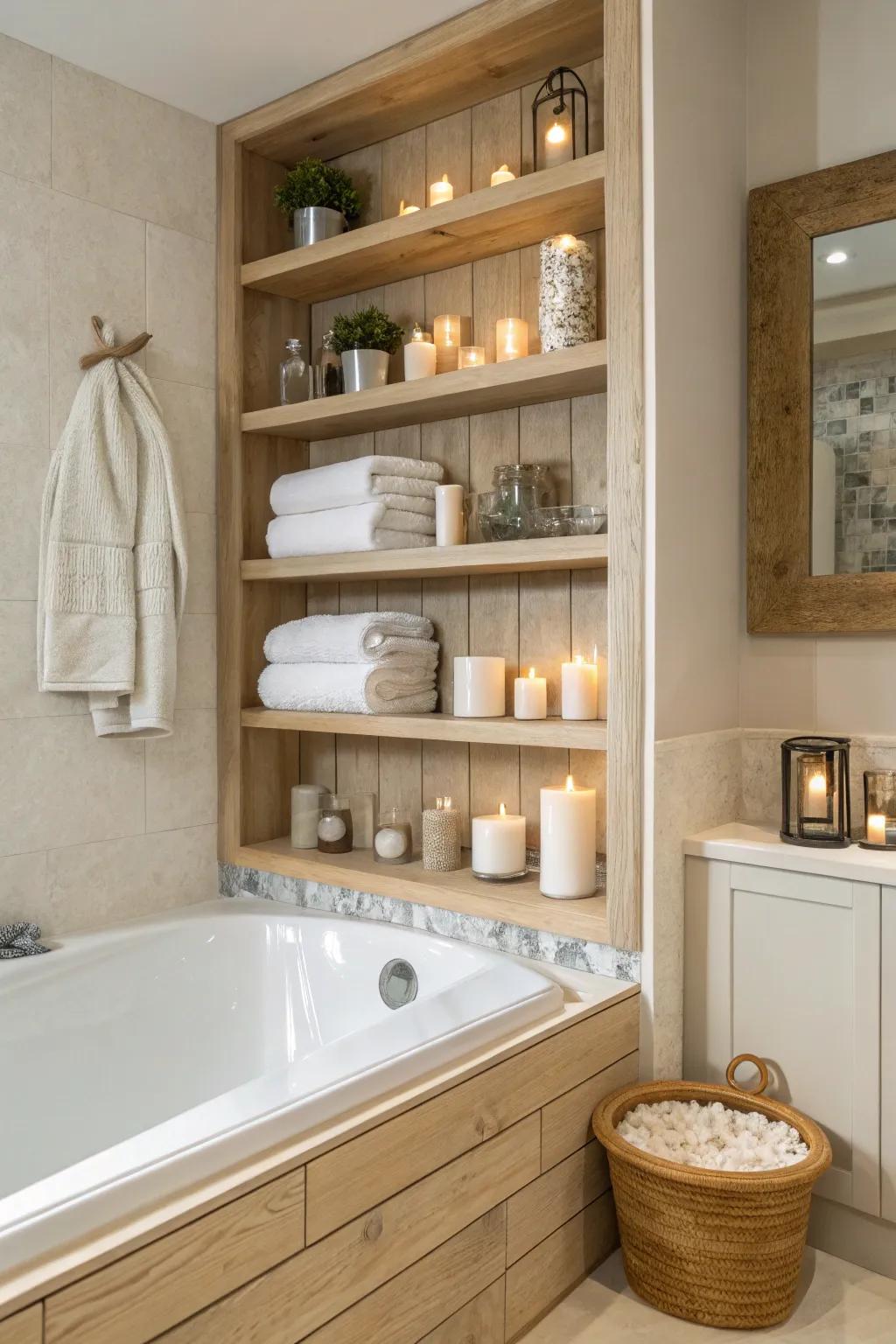 Transform your bath time into a spa experience with recessed shelving for your favorite luxuries. 🛀 #SpaAtHome #Relaxation