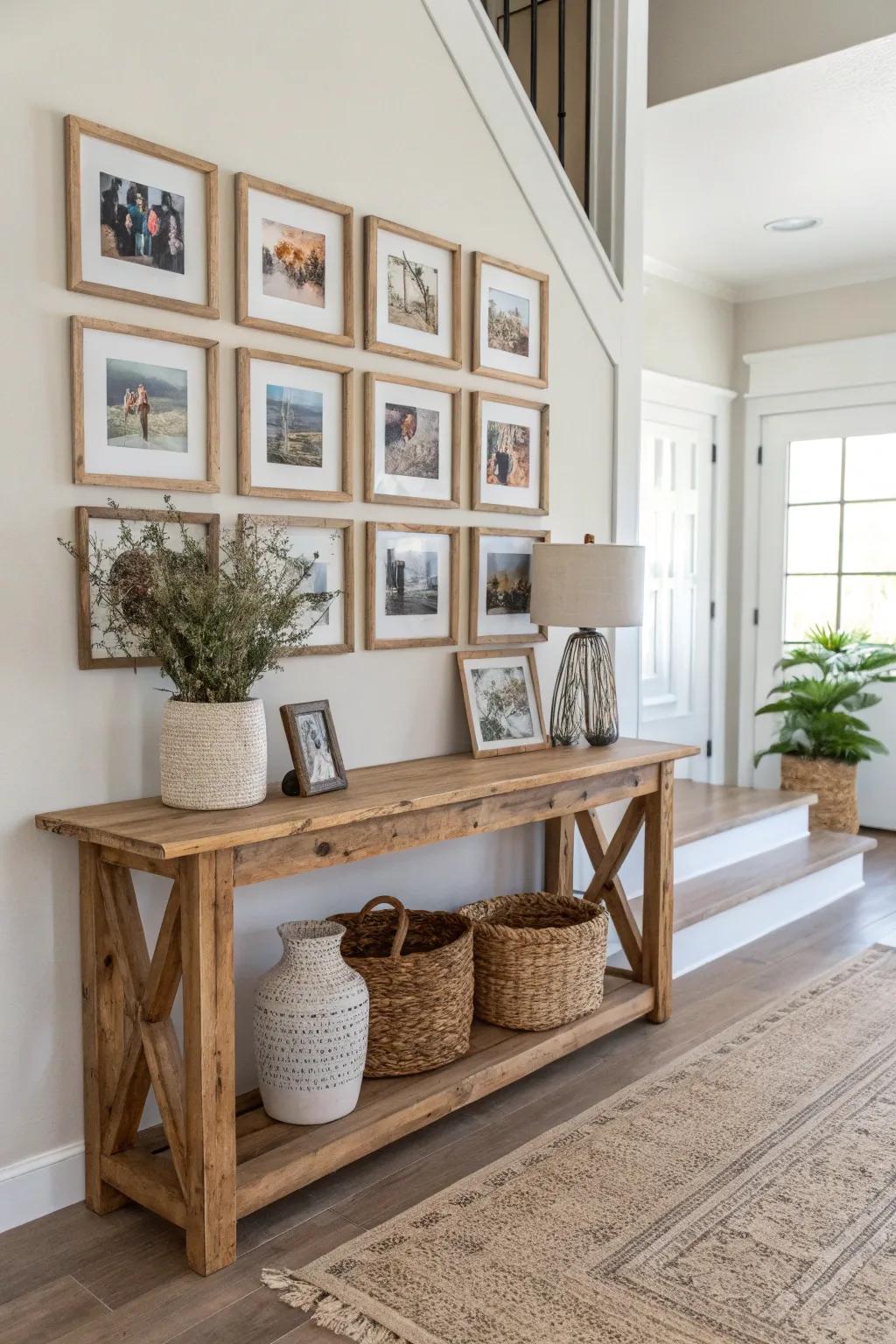 A gallery wall adds warmth and personality to your rustic entryway. 🎨 #GalleryWall #PersonalTouch