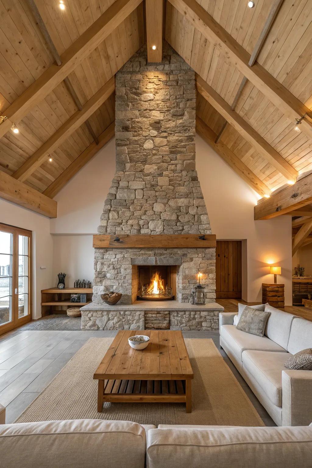 A ceiling-reaching fireplace creates a dramatic and cozy focal point. #LivingRoomGoals #FireplaceInspiration