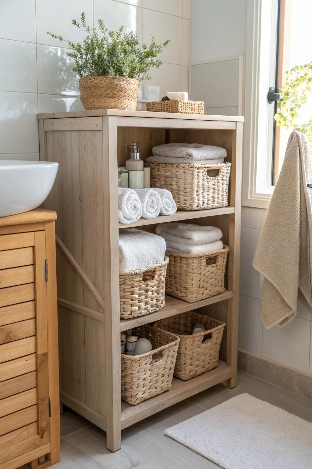 Craft custom storage with baskets for an organized and stylish bathroom! #BasketLove #BathroomOrganization #DesignDetails