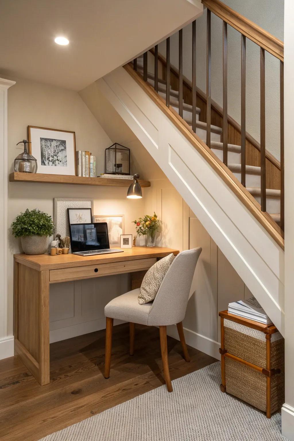 Turn unused space into a productive zone with an under-the-staircase desk nook. 🏡