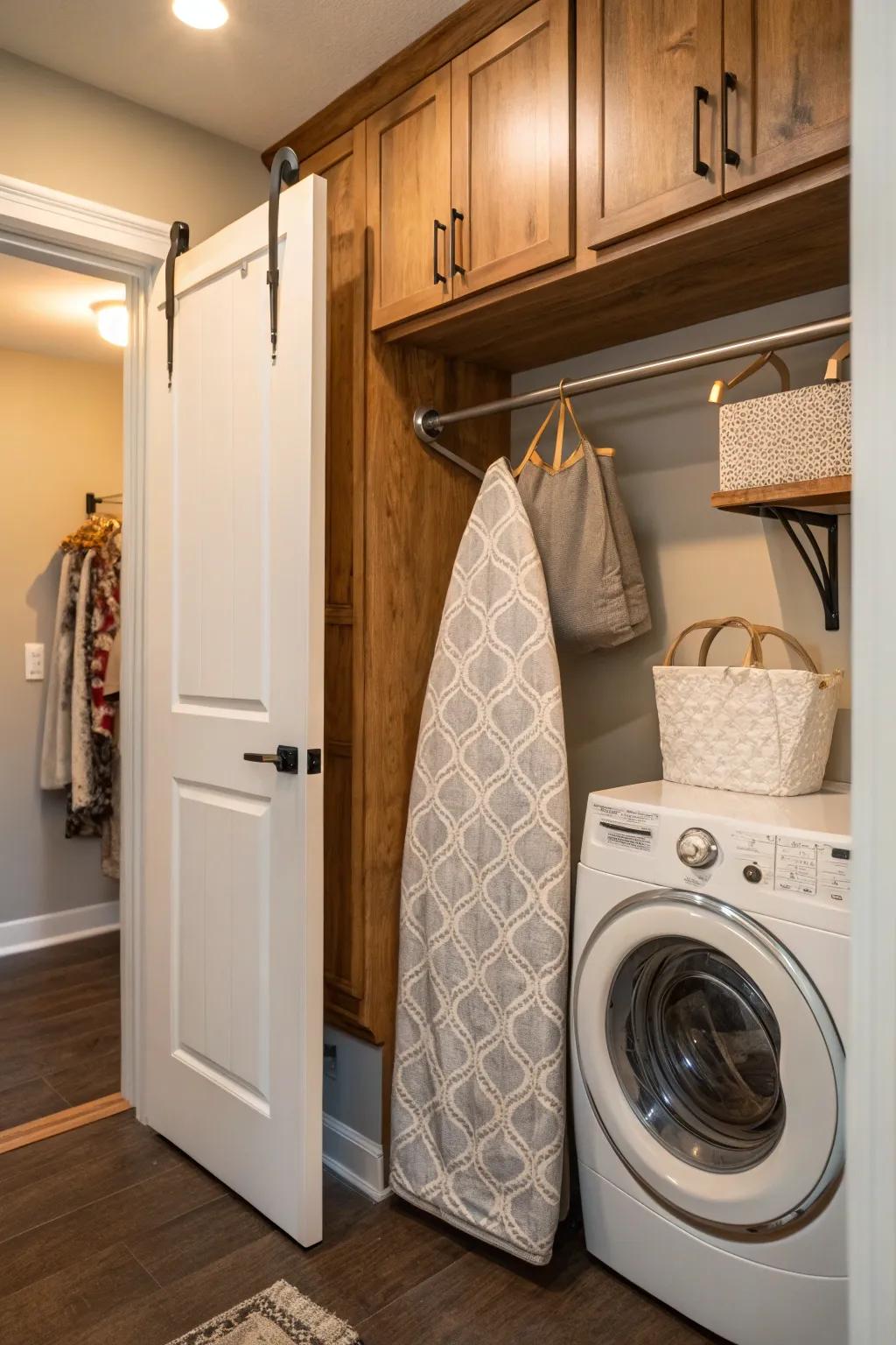 Simplify storage with utility hooks for a practical and organized laundry area. #StorageSolutions #HomeEfficiency 🧺