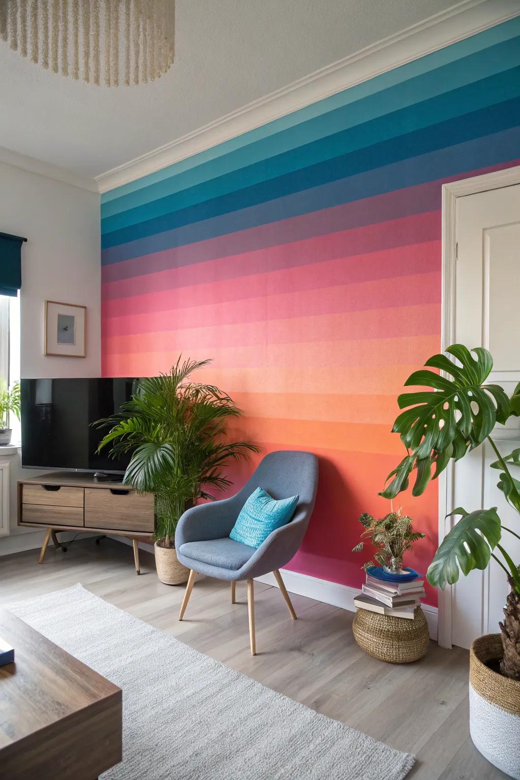 Captivate with ombre stripes that blend colors seamlessly for a stunning gradient effect. 🌈 #OmbreStyle #GradientEffect #LivingRoomInspiration