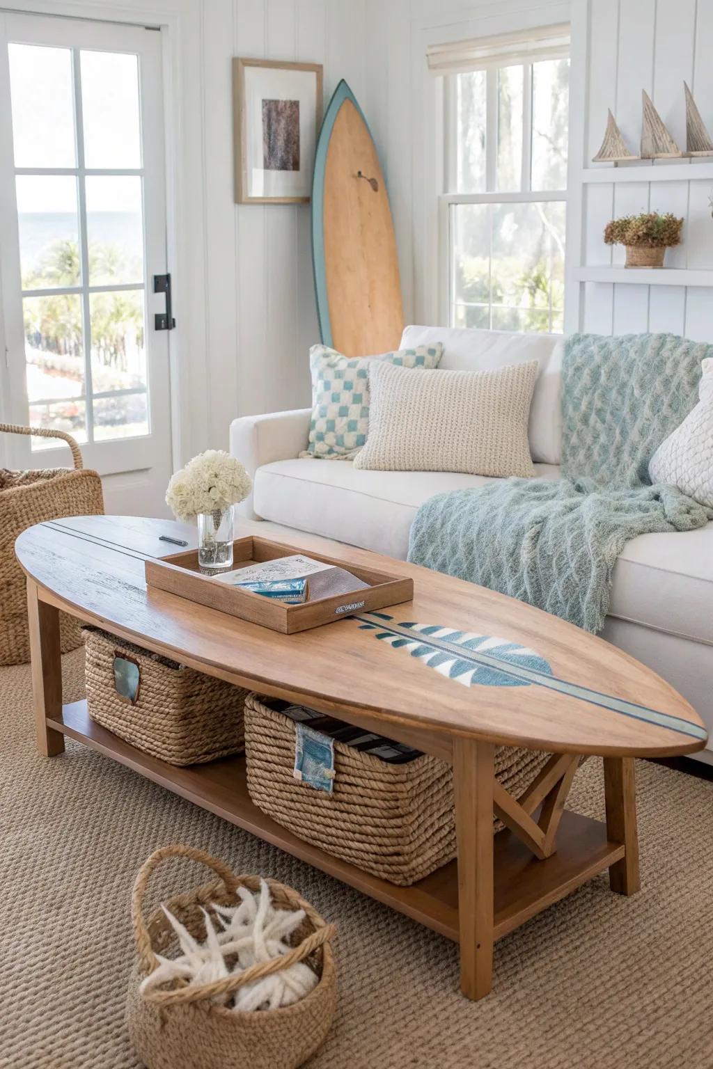 Maximize space with multi-functional furniture that cleverly hides surfboards in plain sight.