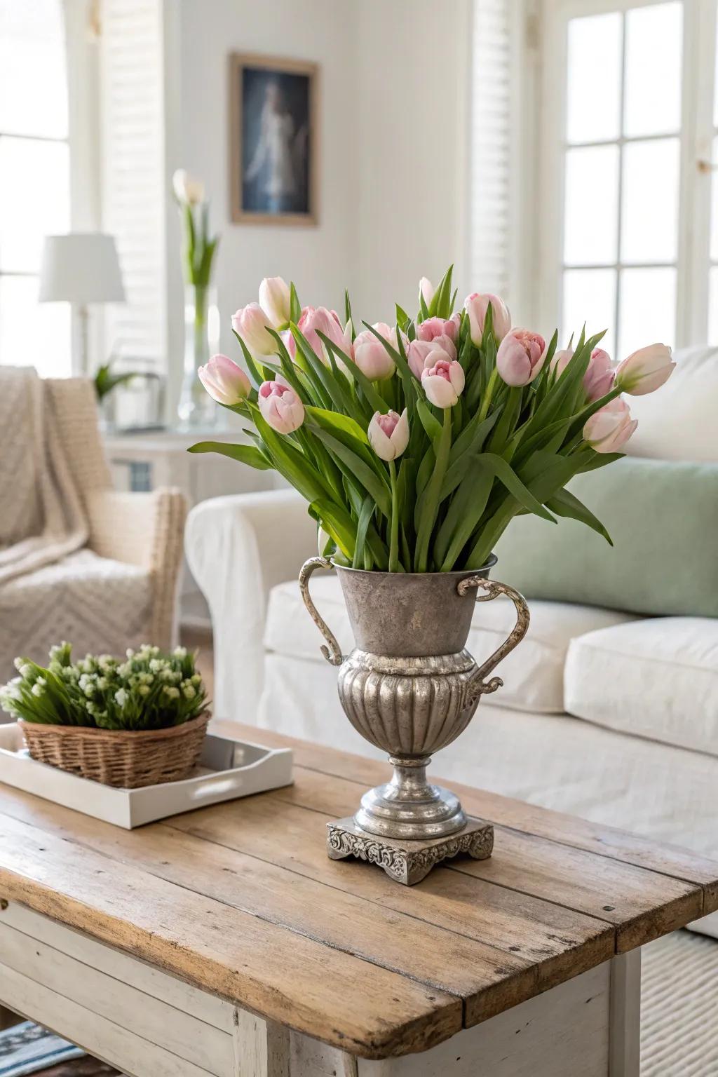 Add elegance and character to your coffee table with tulips in a vintage trophy. #HomeStyling #TulipDecor