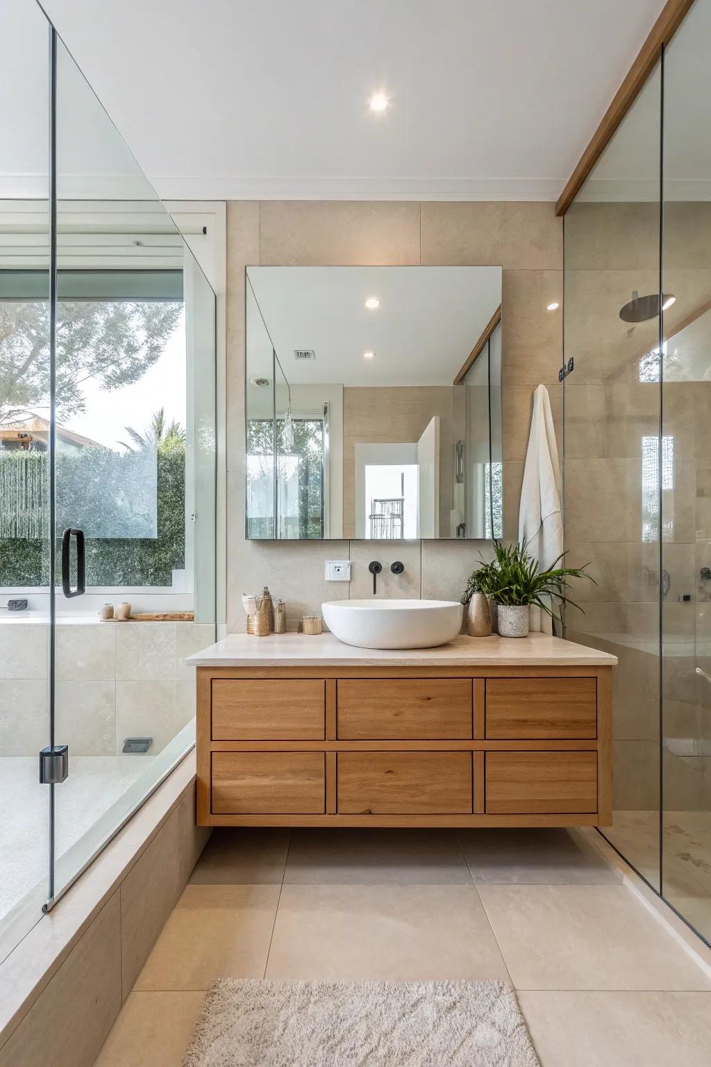 Create clarity and space with a glass side splash that reflects light. 🌟 #GlassDesign #ModernBathroom
