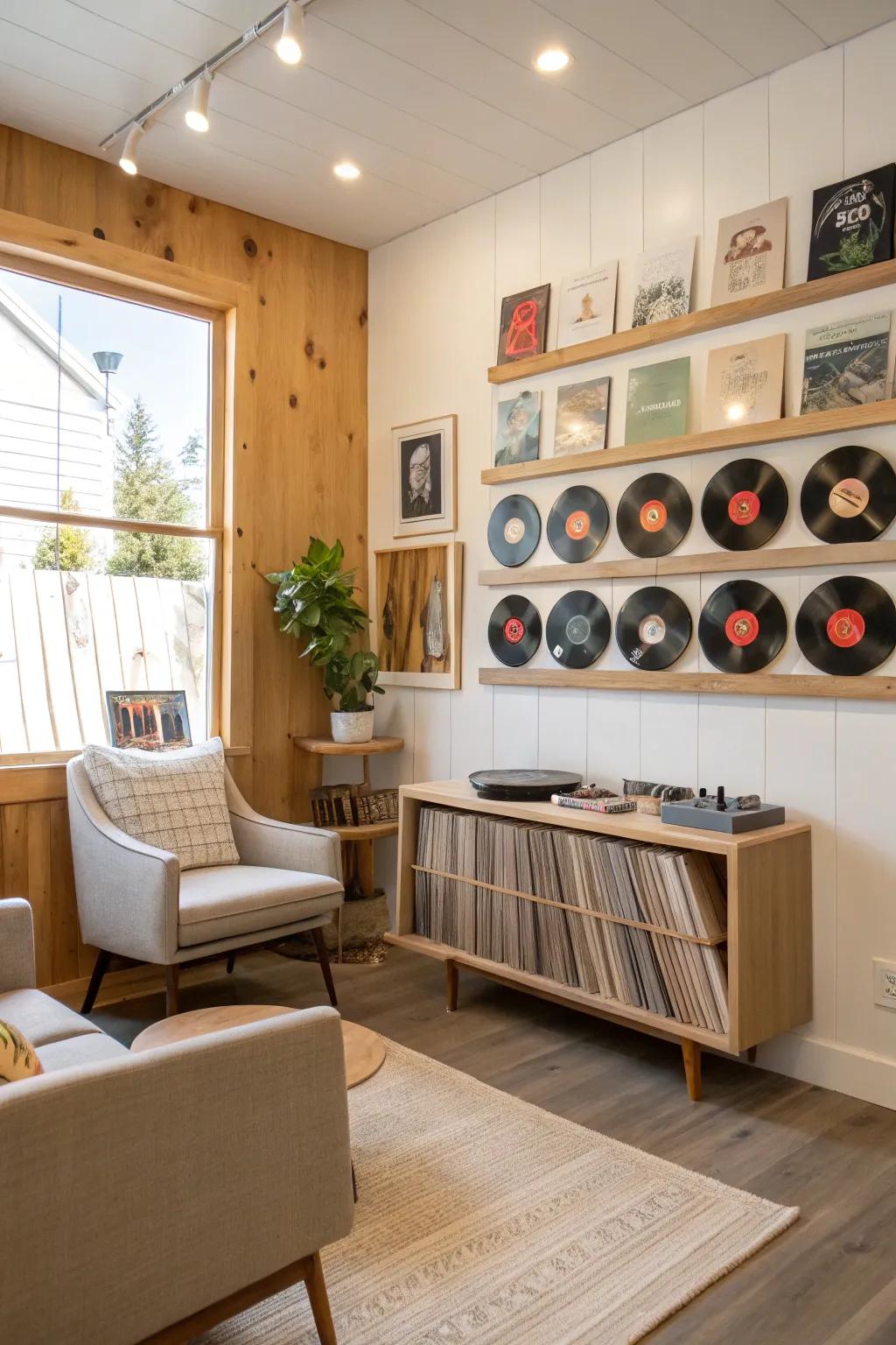 Keep your decor fresh with an interactive record wall. 🎶 #InteractiveWall #VinylDecor