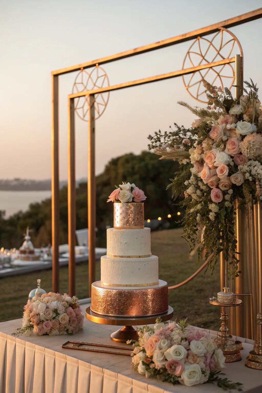 Add a touch of luxury with metallic accents that elevate your cake's elegance. ✨ #MetallicDecor #WeddingStyle #ElegantCakes