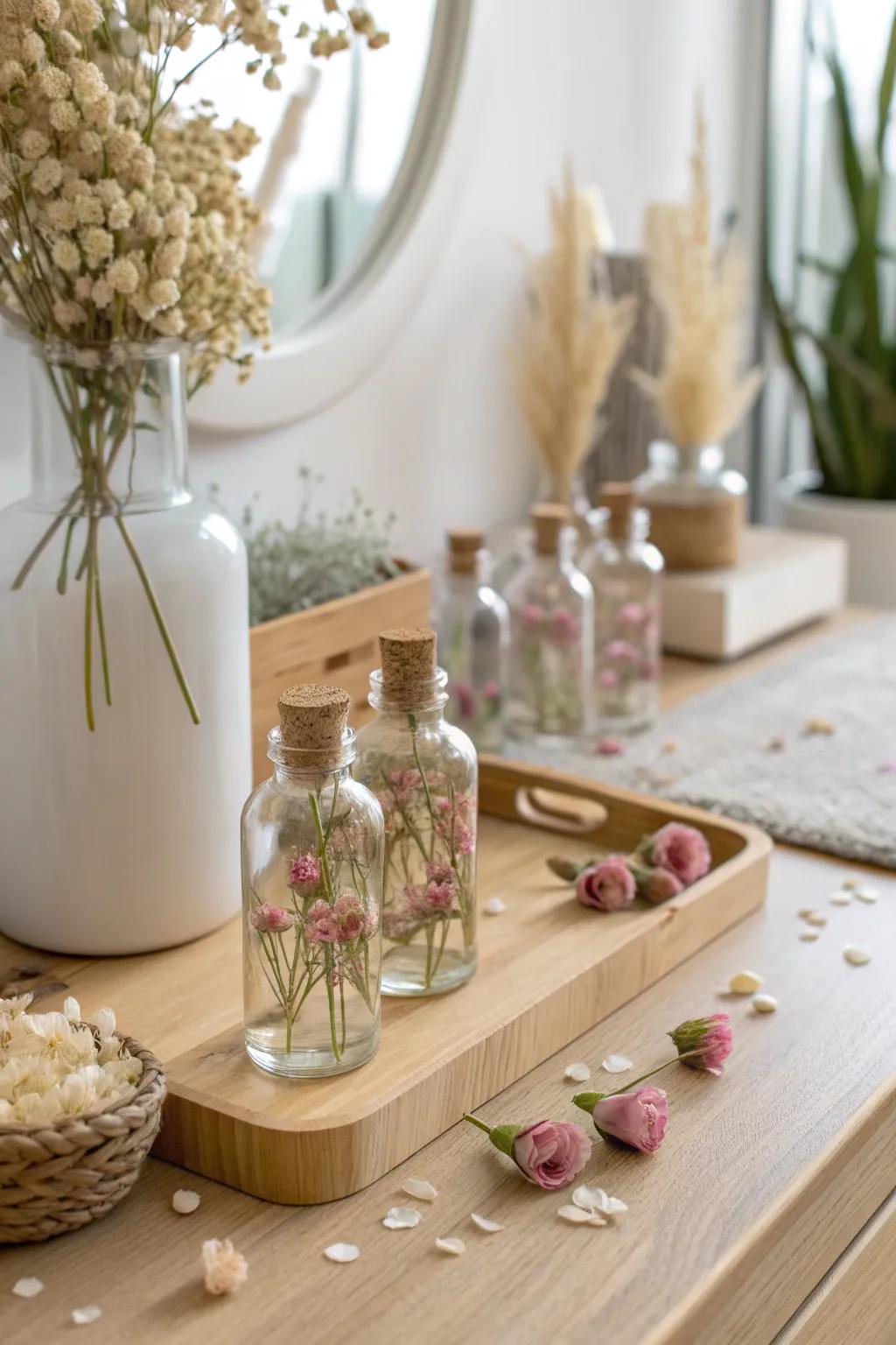 Enjoy the timeless beauty of dried flowers in mini glass bottles. 🌸 #FloralDecor #TimelessBeauty