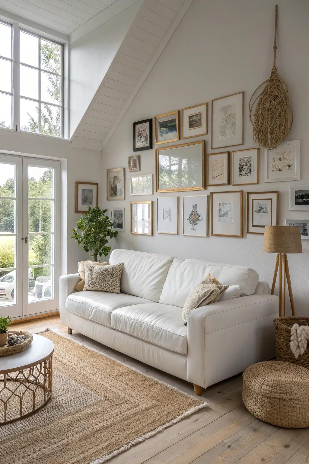A gallery wall adds personal flair and artistic inspiration to your white leather sofa setting. #GalleryWall #HomeArt