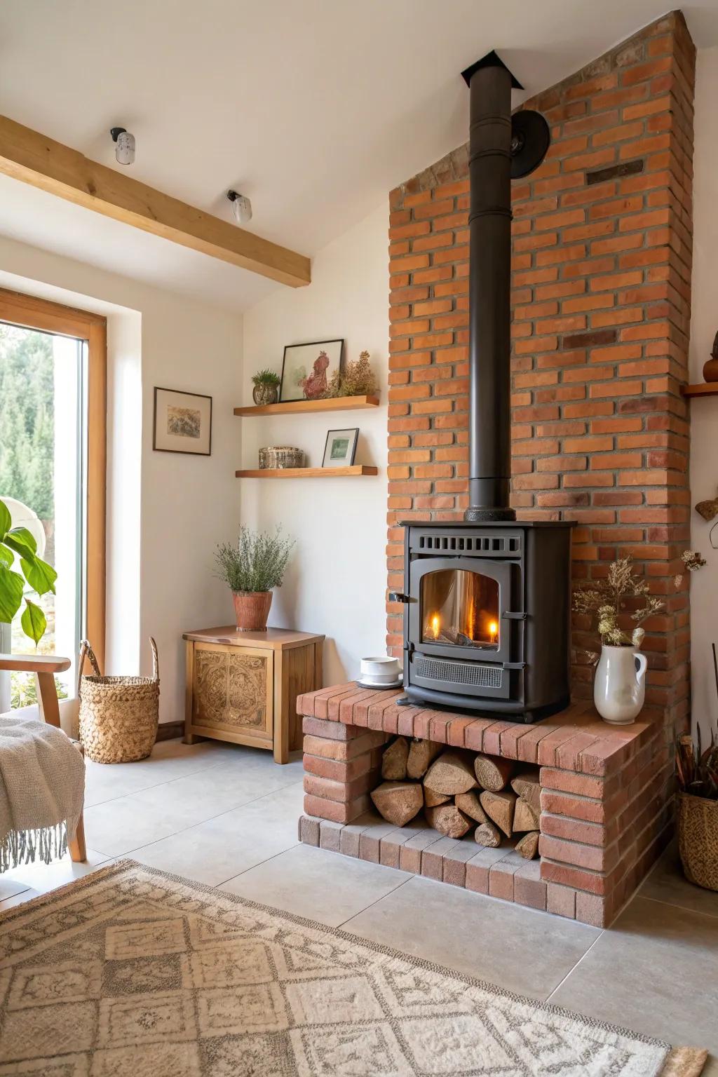 Add rustic charm with an exposed brick surround, enhancing your stove's natural warmth. #RusticVibes #BrickDesign
