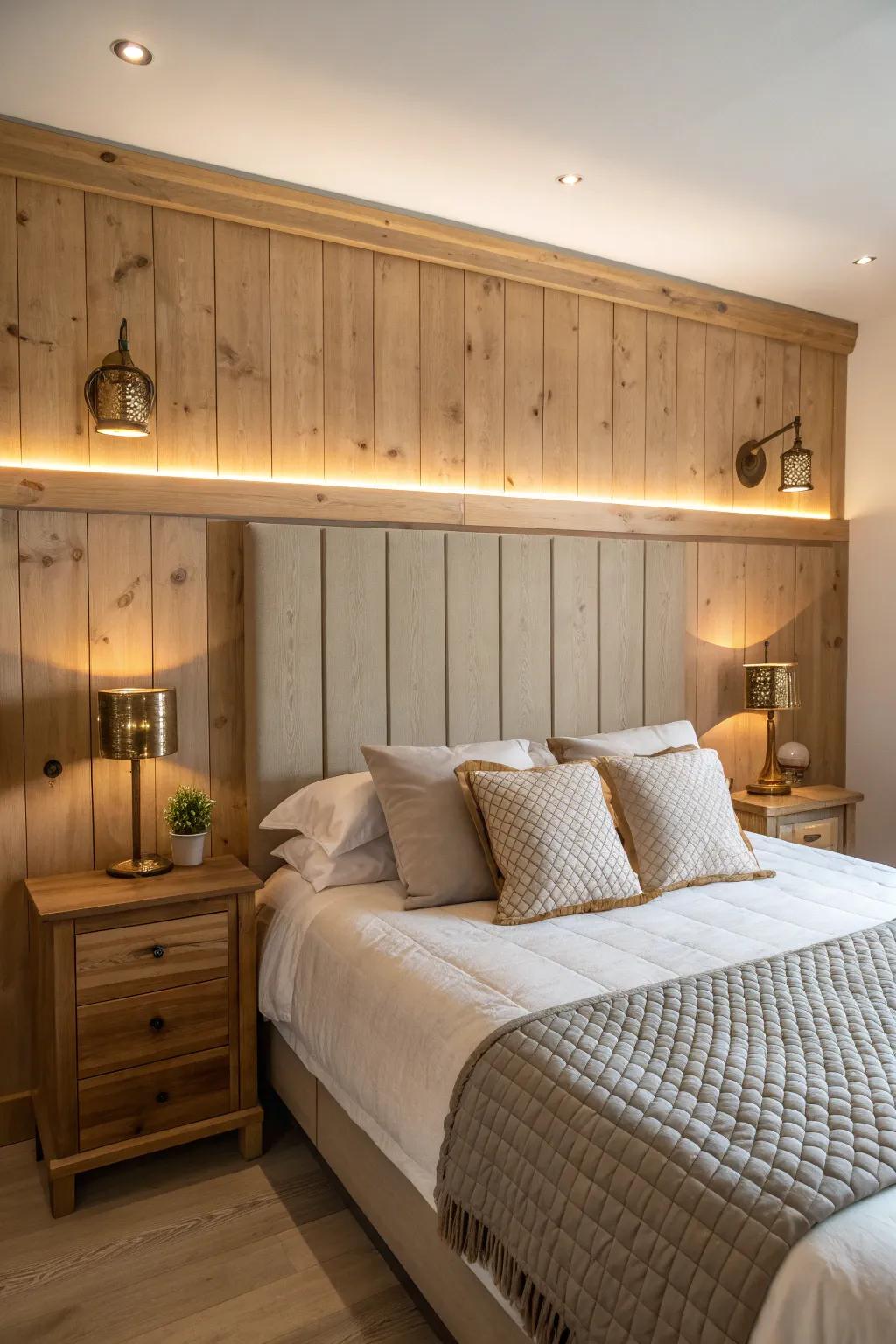 Illuminate your bedroom with a charming wood plank headboard with built-in lights. 💡 #AmbientLighting #BedroomIdeas