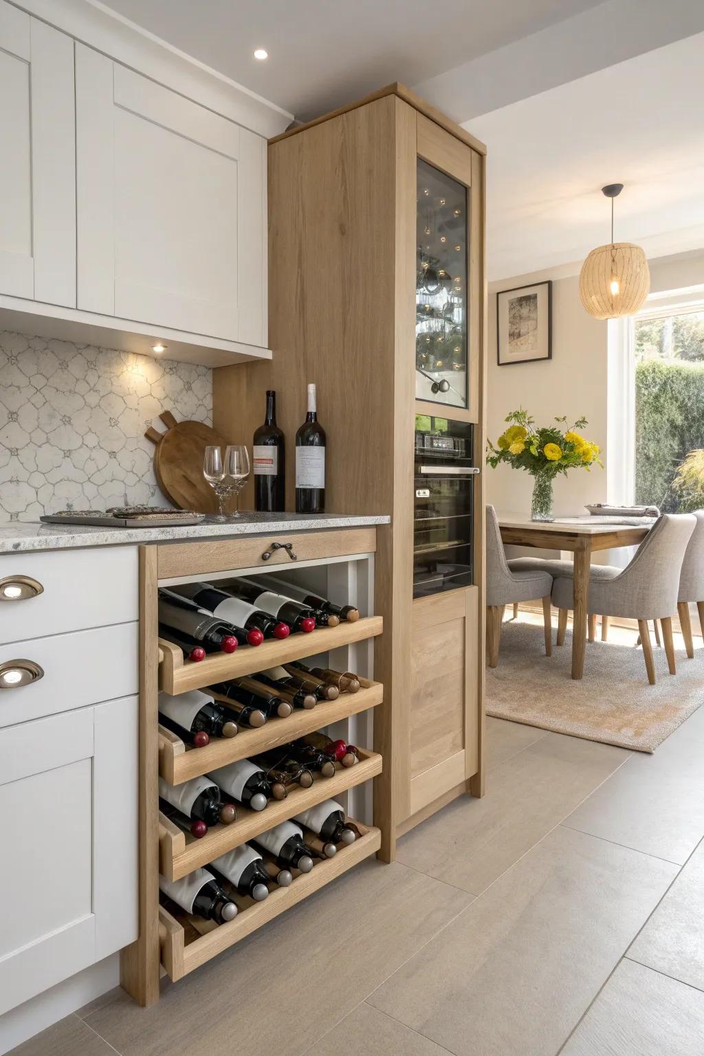 Store your favorite wines in style with narrow pullout racks that fit seamlessly into your kitchen.