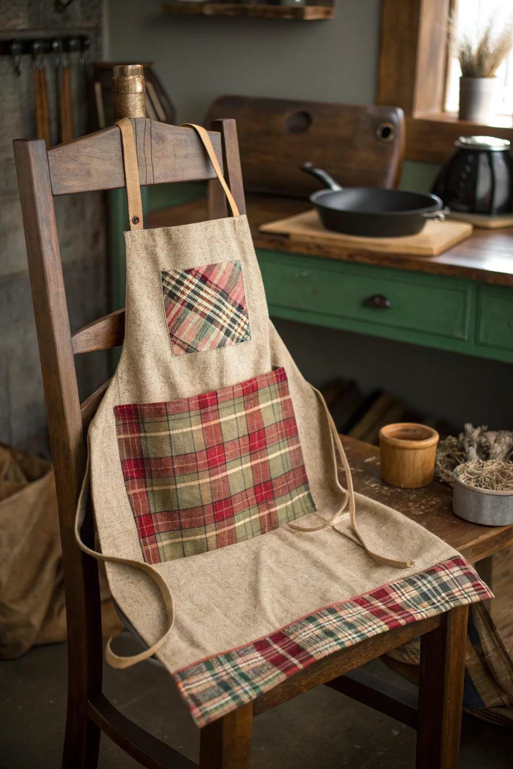 Bring rustic charm to your kitchen with a farmhouse-inspired apron. #FarmhouseDecor #CozyVibes