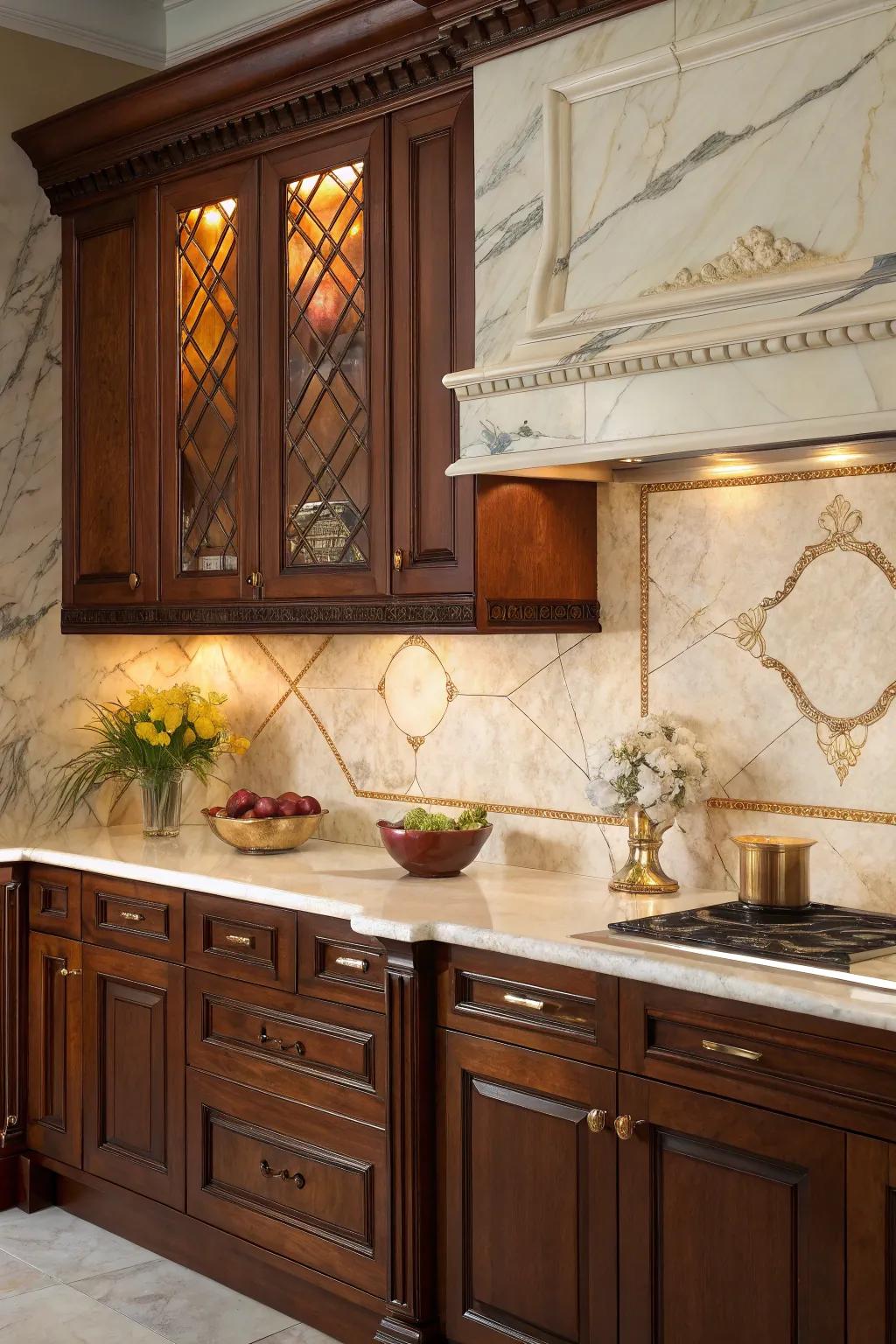 Marble veins add elegance, enhancing the luxurious feel of cherry cabinets.