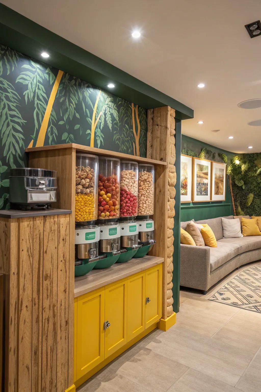 Introduce fun and interaction with a playful snack wall in your basement bar.