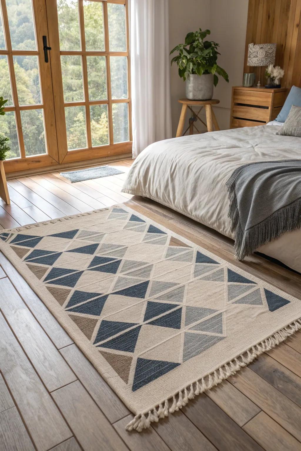 Add a modern flair with geometric designs, perfect for a stylish and contemporary bedroom. 🔷 #ModernDesign #GeometricRug #BedroomTrends
