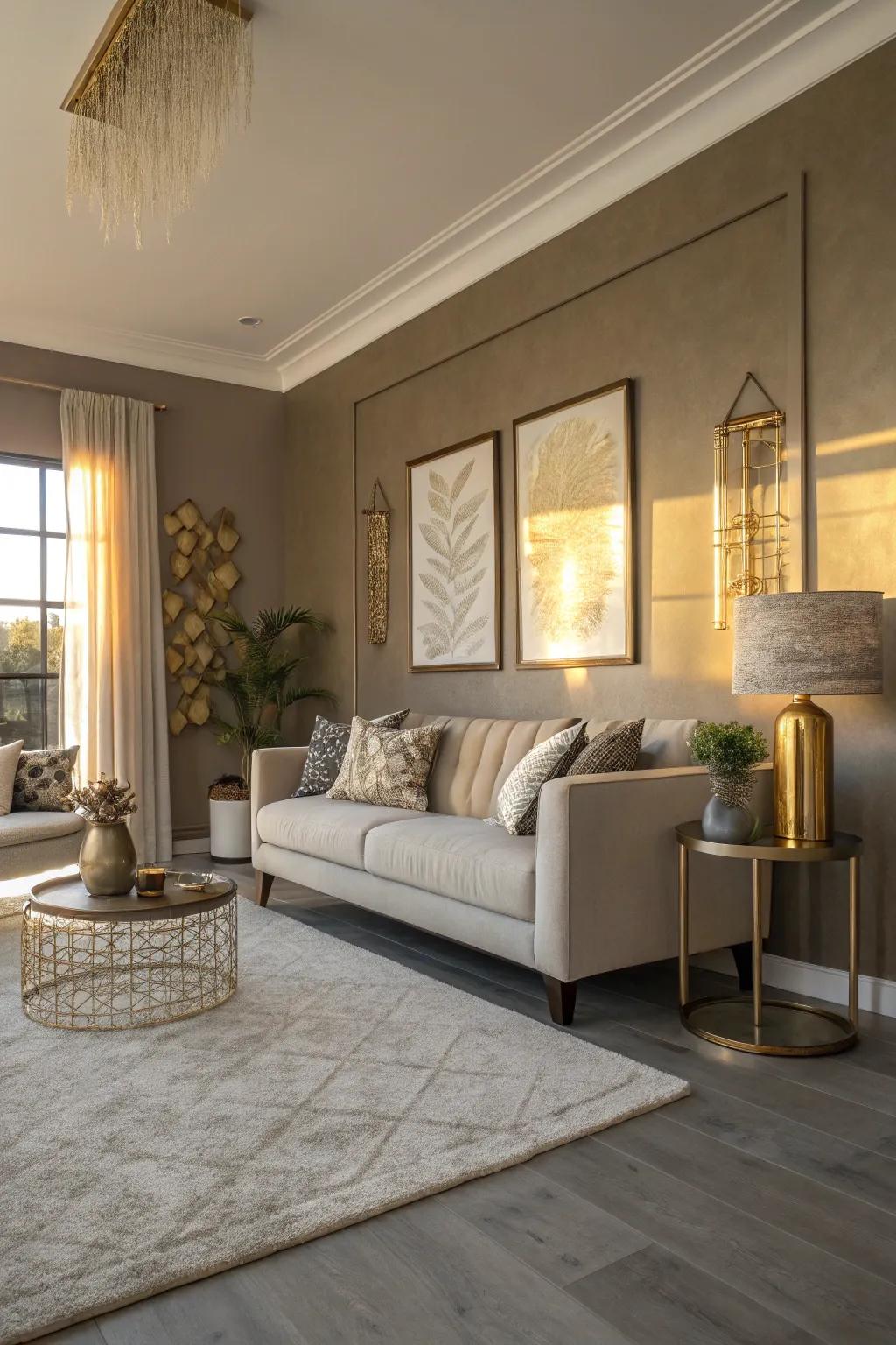 Taupe walls provide a soft, warm contrast to gray floors, creating a cozy and elegant atmosphere.
