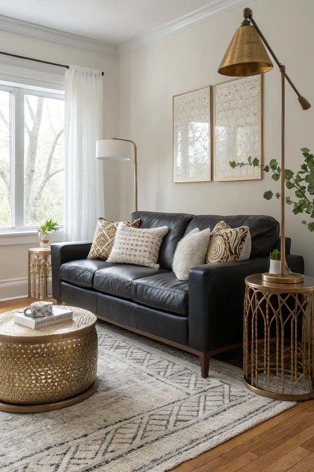 Metallic accents add a luxurious touch to this elegant living space.