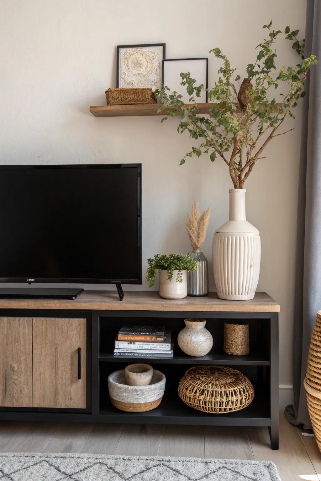 Create visual interest with layered heights on your TV stand.