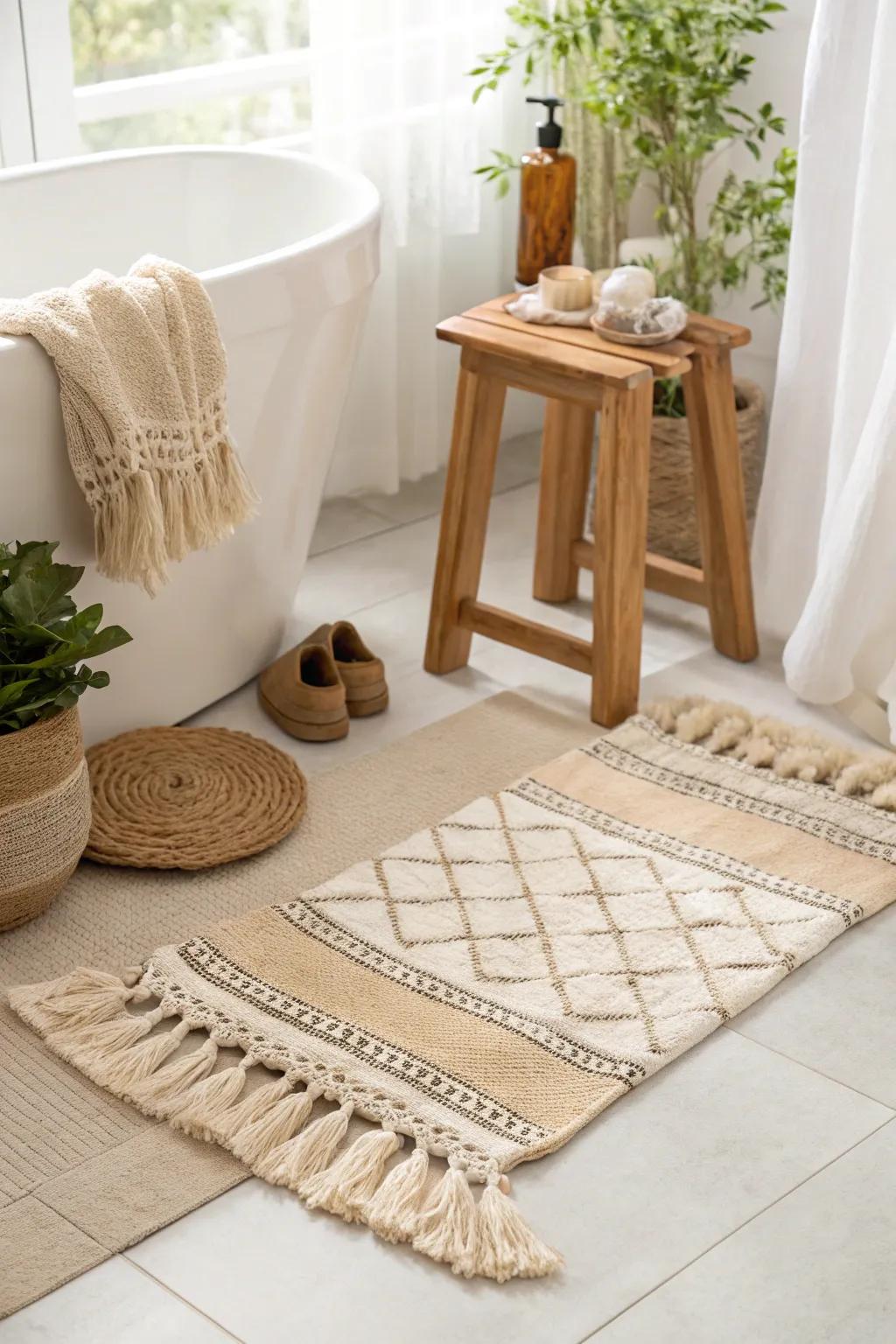 Step into comfort with tasseled mats that hug your feet and style. 💫 #ComfortInStyle #BohoBathroom