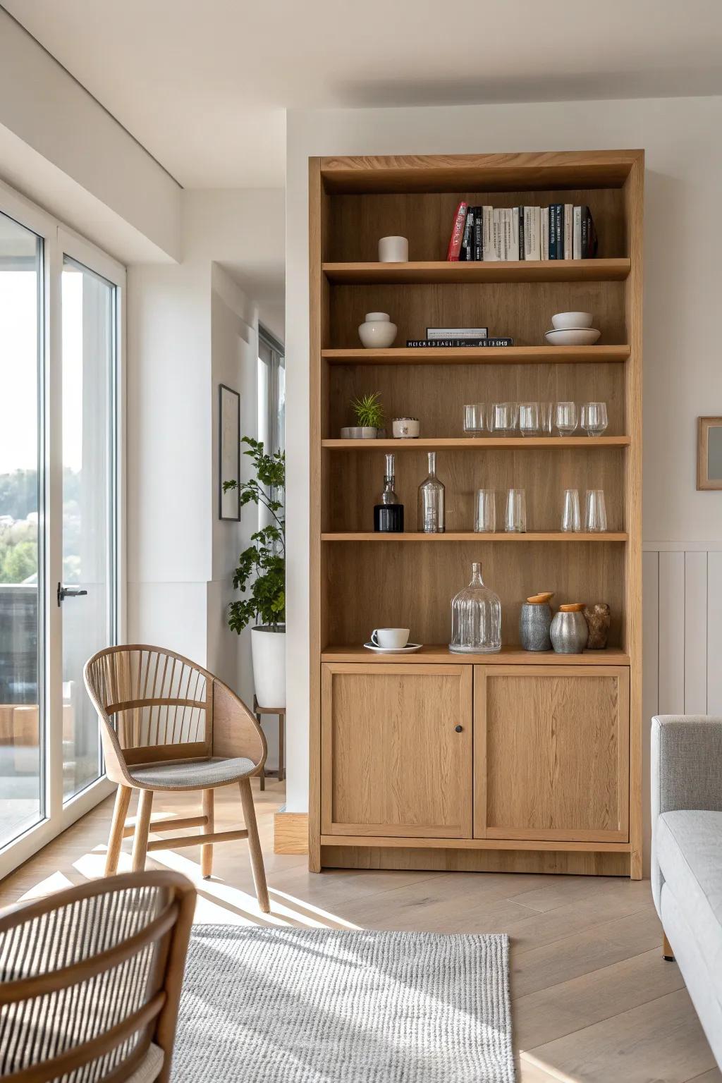 Find tranquility with a minimalist bookshelf bar that embraces simplicity and elegance.