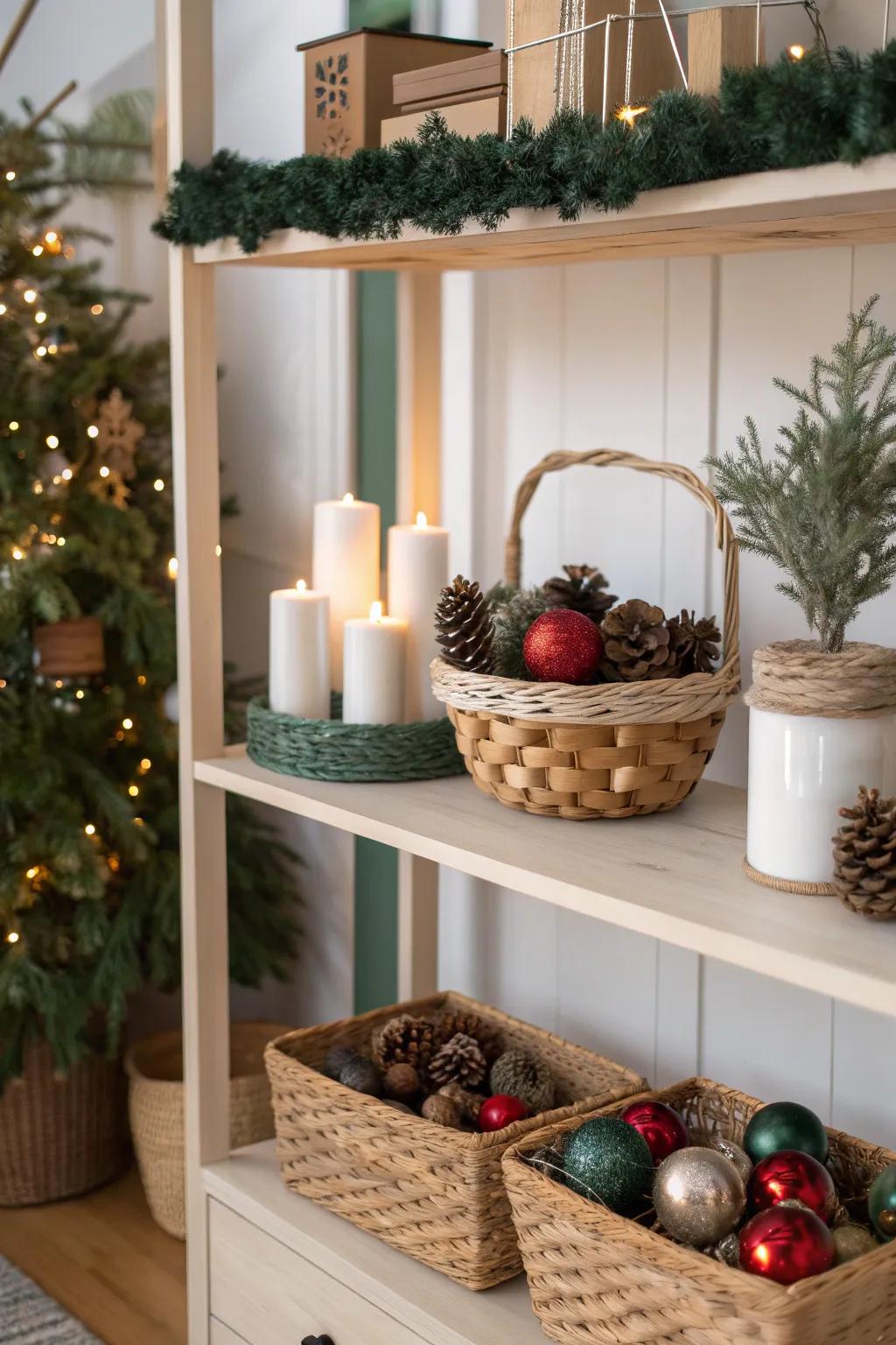 Add texture and warmth with festive baskets on your shelves.