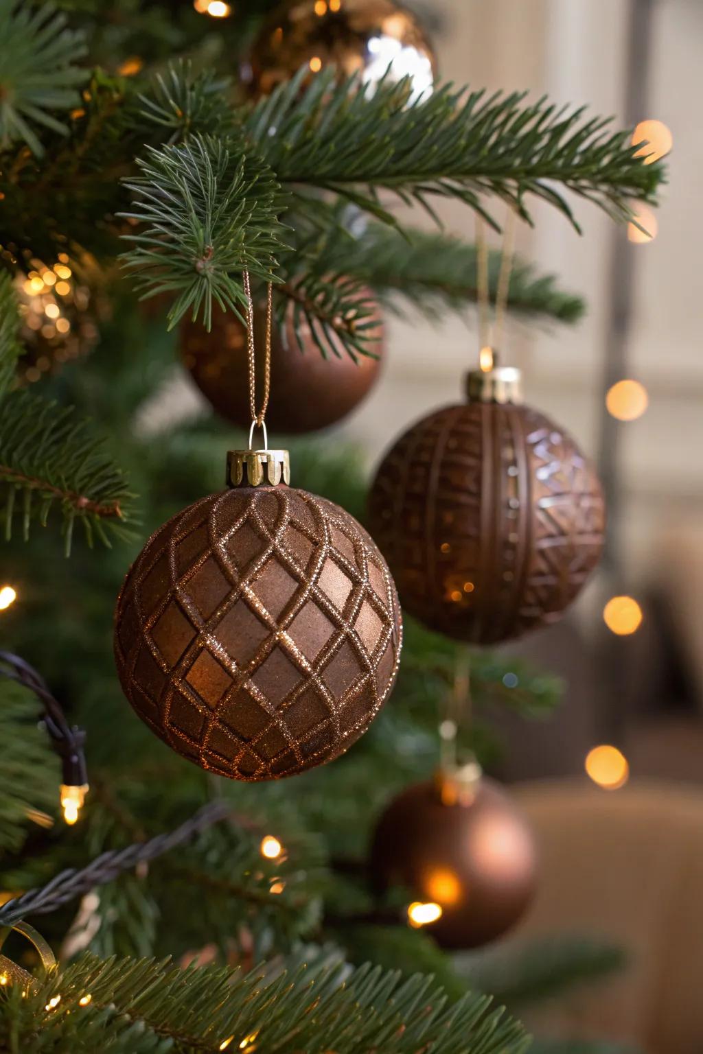 Textured baubles create a tactile experience, adding depth and interest to this festive tree.