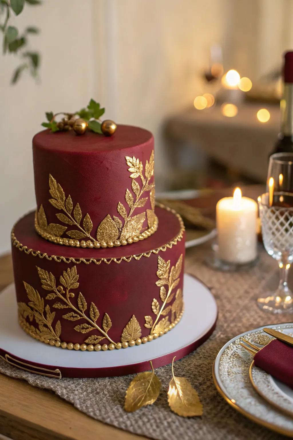 Classic gold edging on burgundy tiers offers a regal and timeless finish.