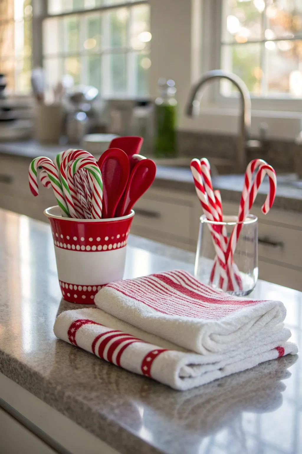 Bring holiday cheer into your kitchen with candy cane accents. #KitchenDecor #FestiveCooking 🍴